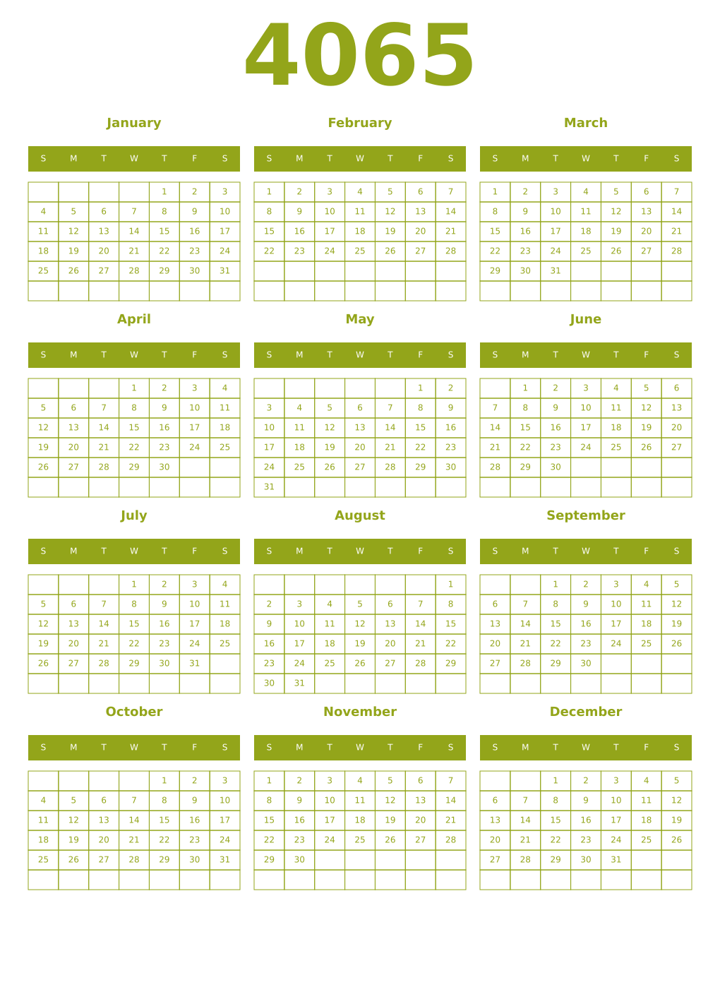 Printable 4065 Year Calendars chartreuse