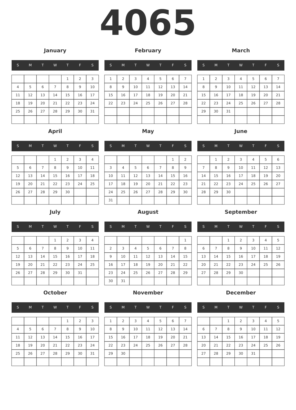 Printable 4065 Year Calendars dark