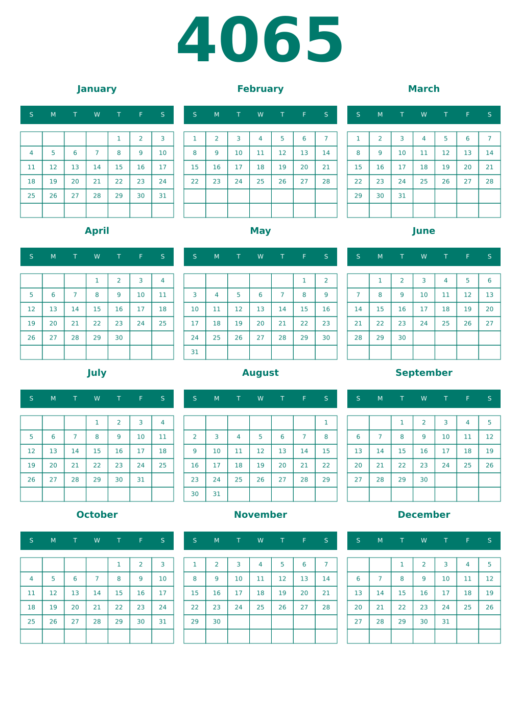 Printable 4065 Year Calendars pastel