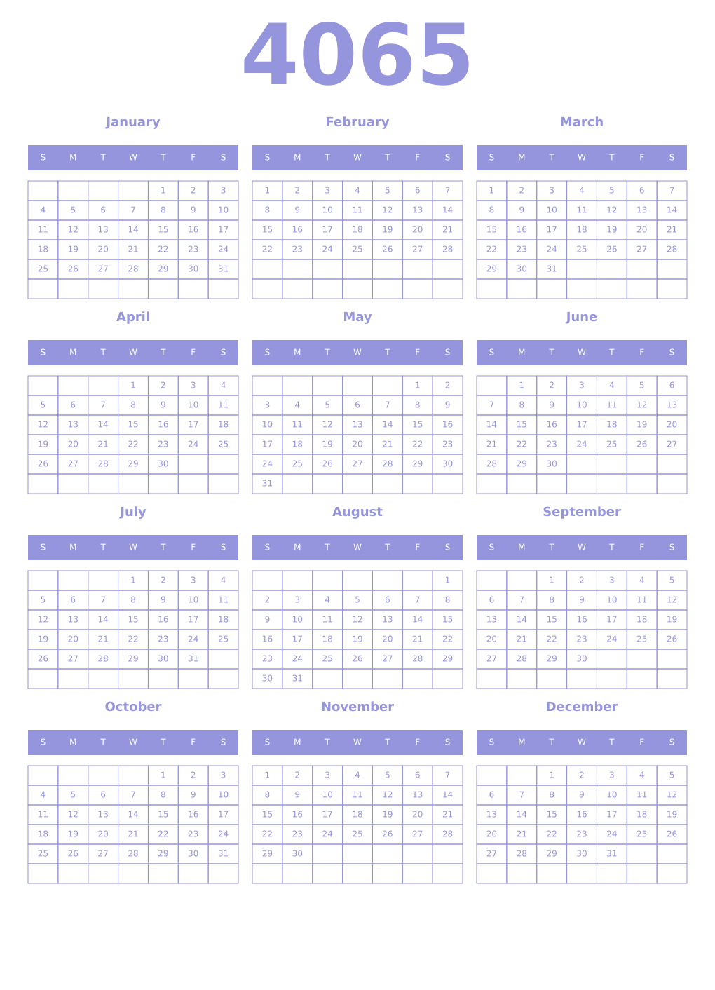 Printable 4065 Year Calendars periwinkle