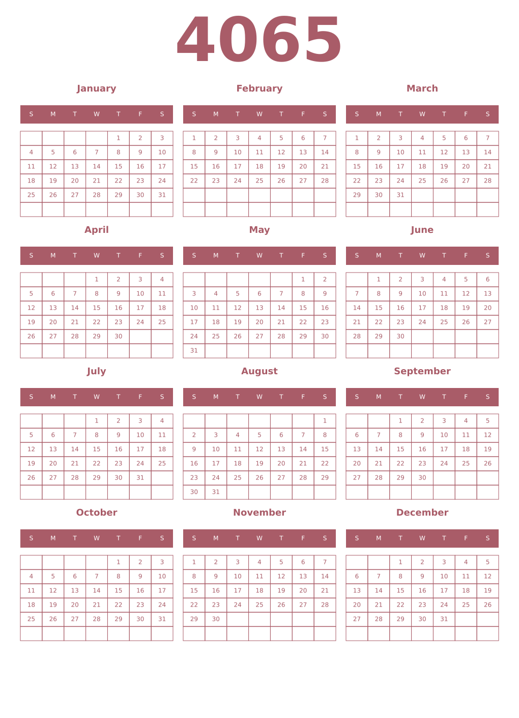 Printable 4065 Year Calendars puce