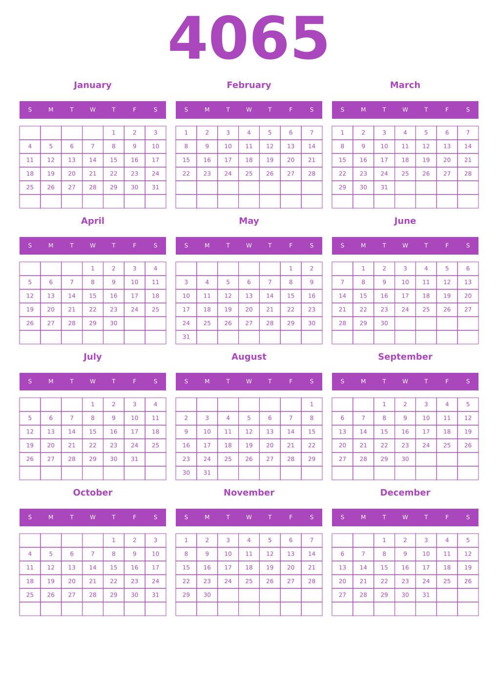 Printable 4065 Year Calendars purple