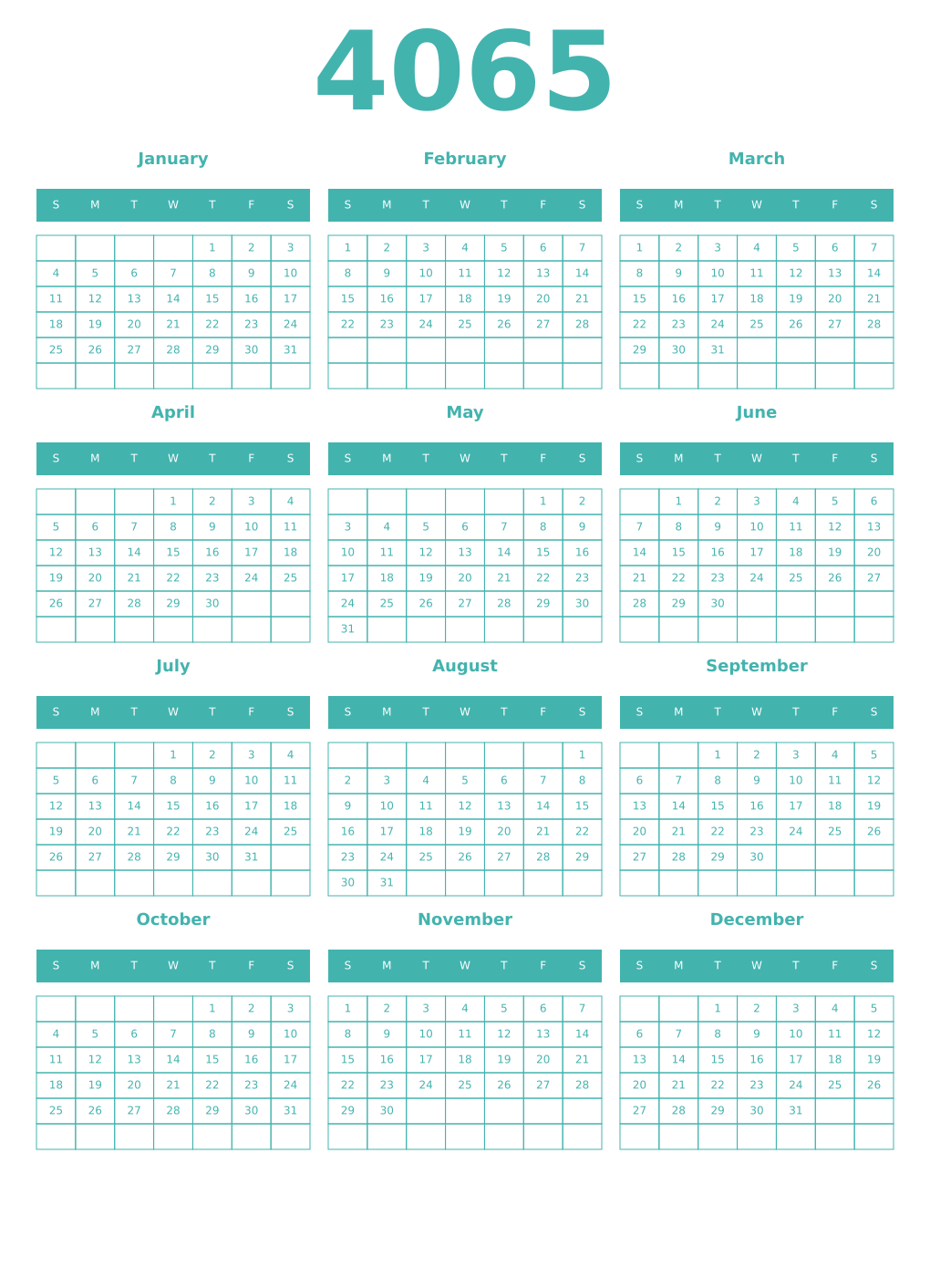 Printable 4065 Year Calendars verdigris