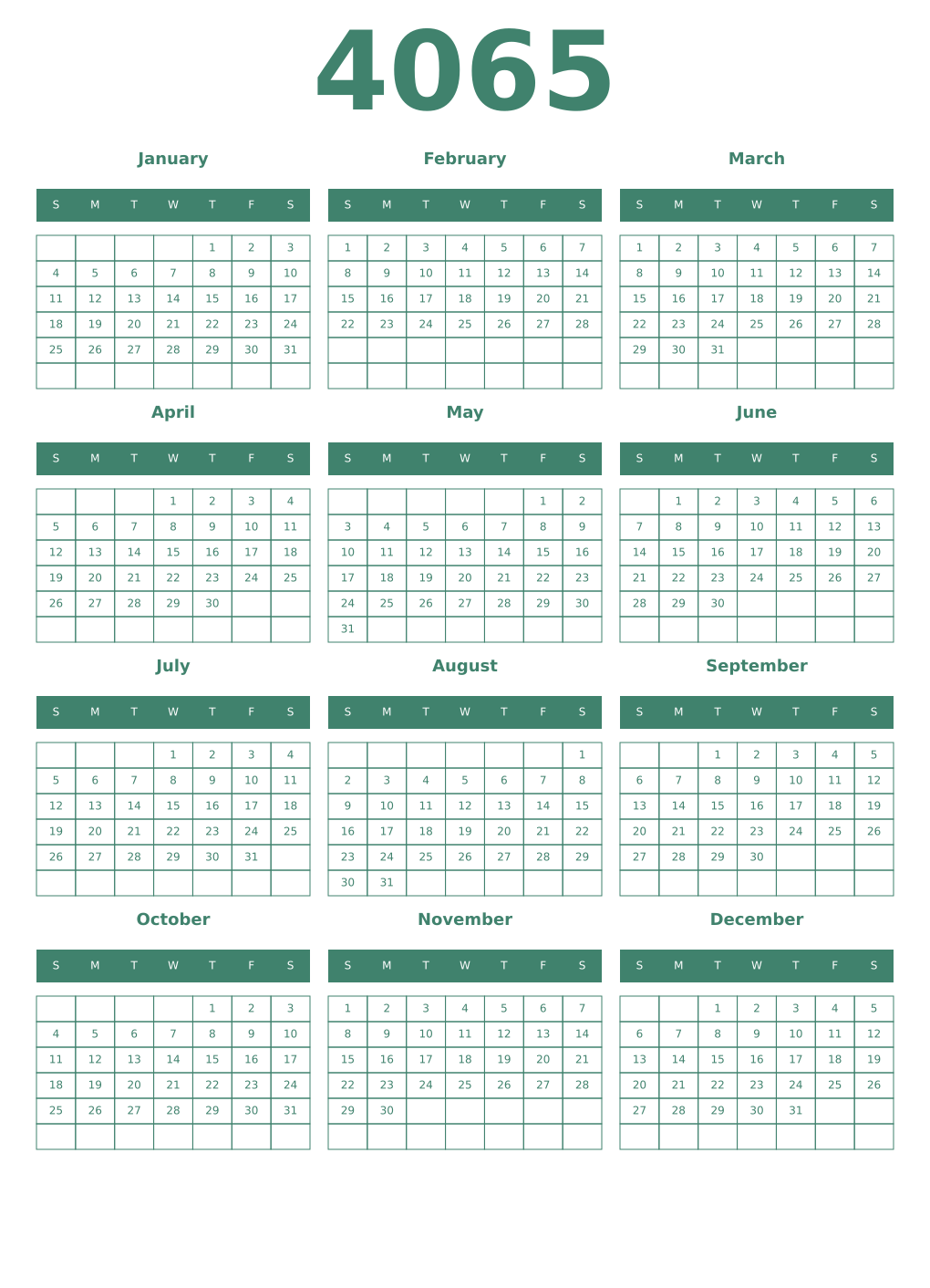 Printable 4065 Year Calendars viridian