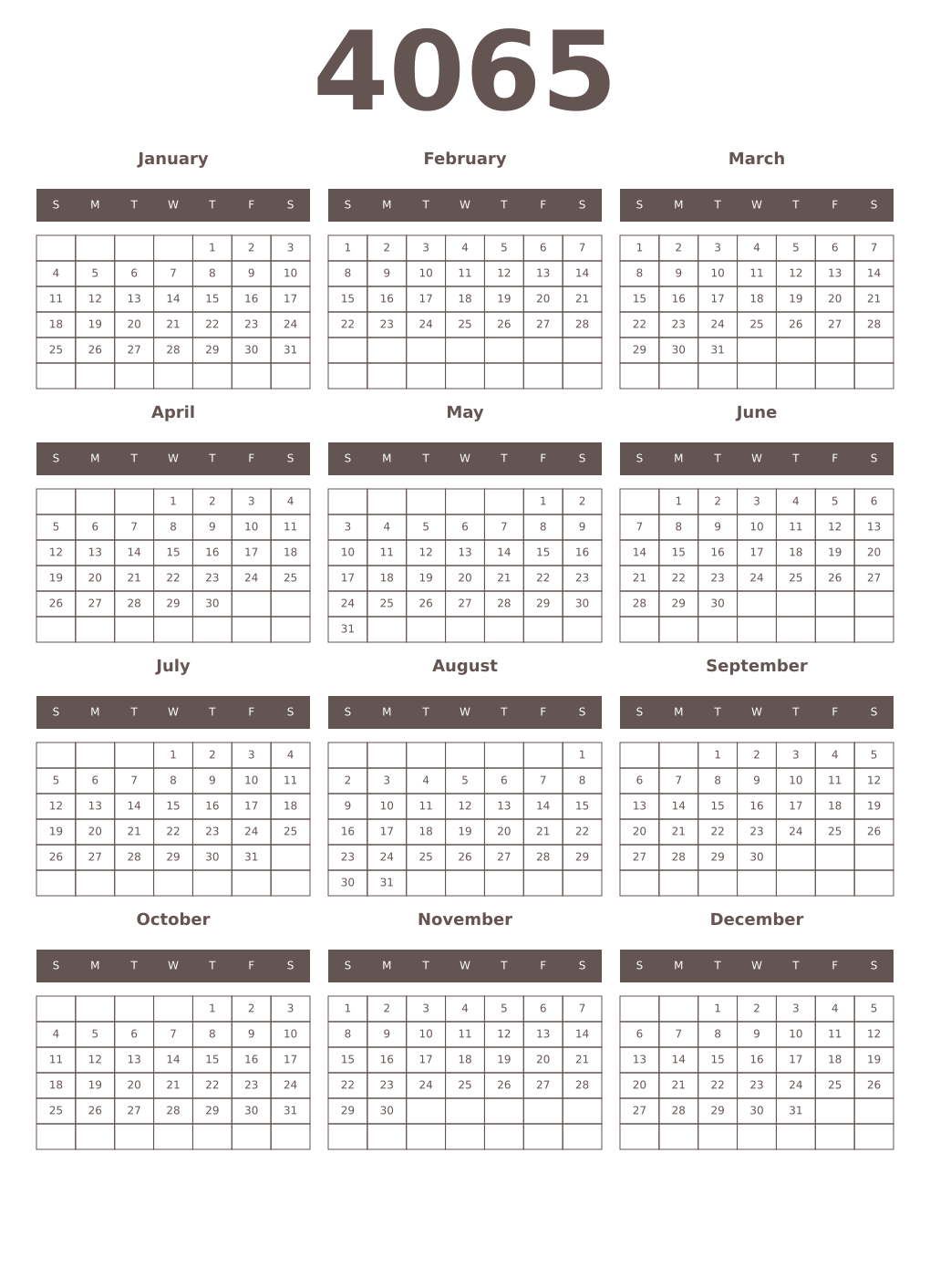 Printable 4065 Year Calendars wenge