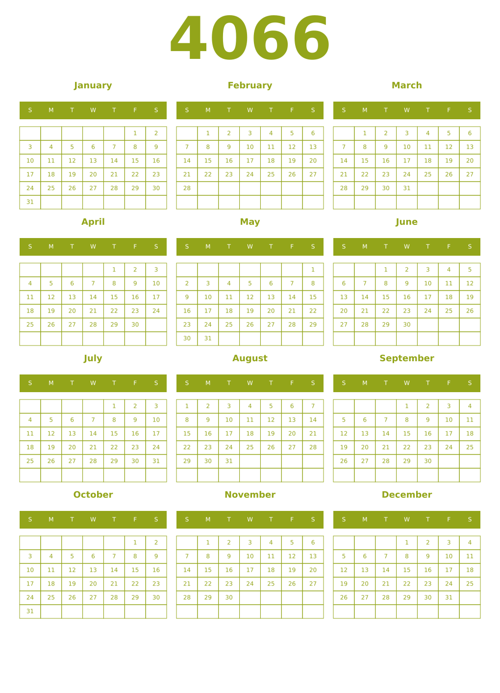 Printable 4066 Year Calendars chartreuse