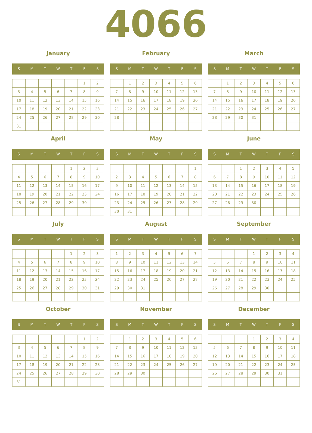 Printable 4066 Year Calendars eburnean
