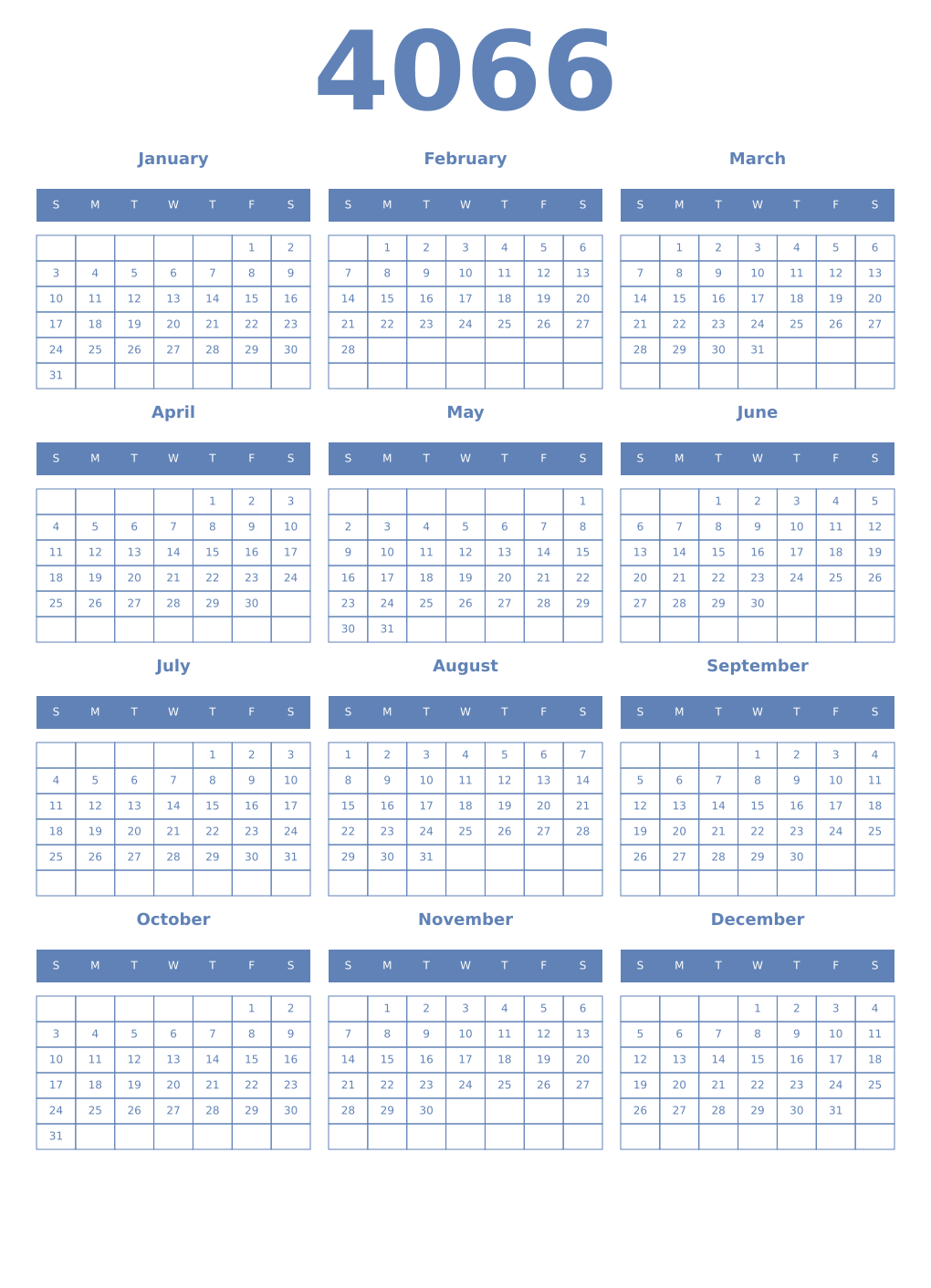 Printable 4066 Year Calendars glaucous