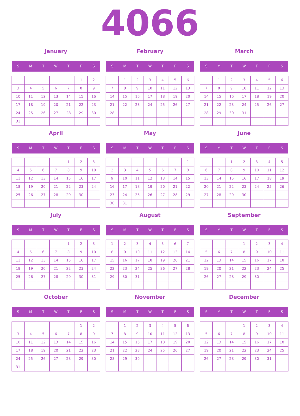 Printable 4066 Year Calendars purple