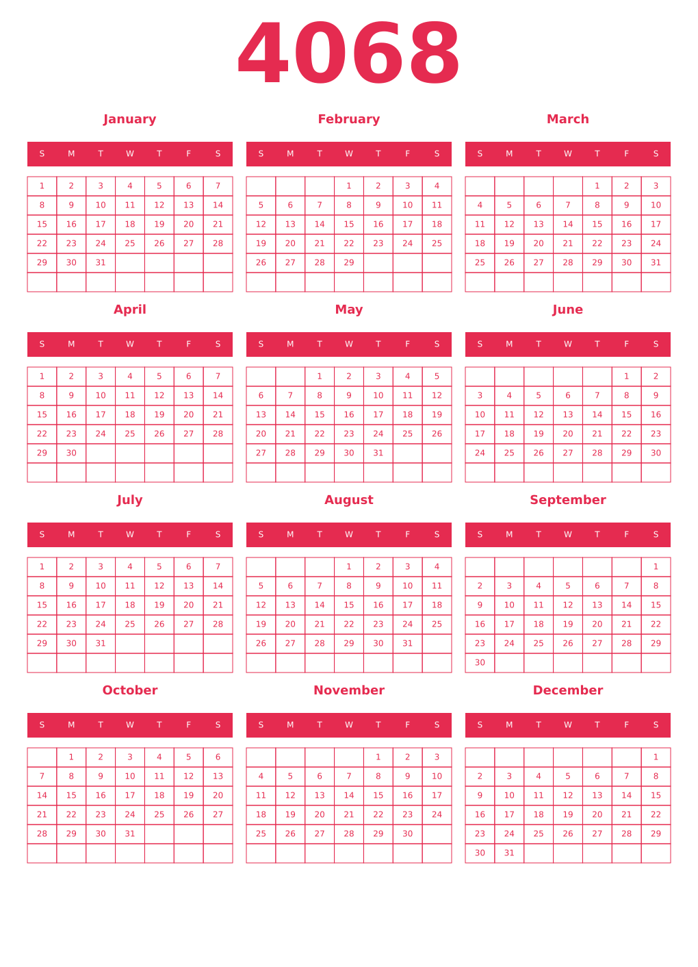 Printable 4068 Year Calendars amaranth