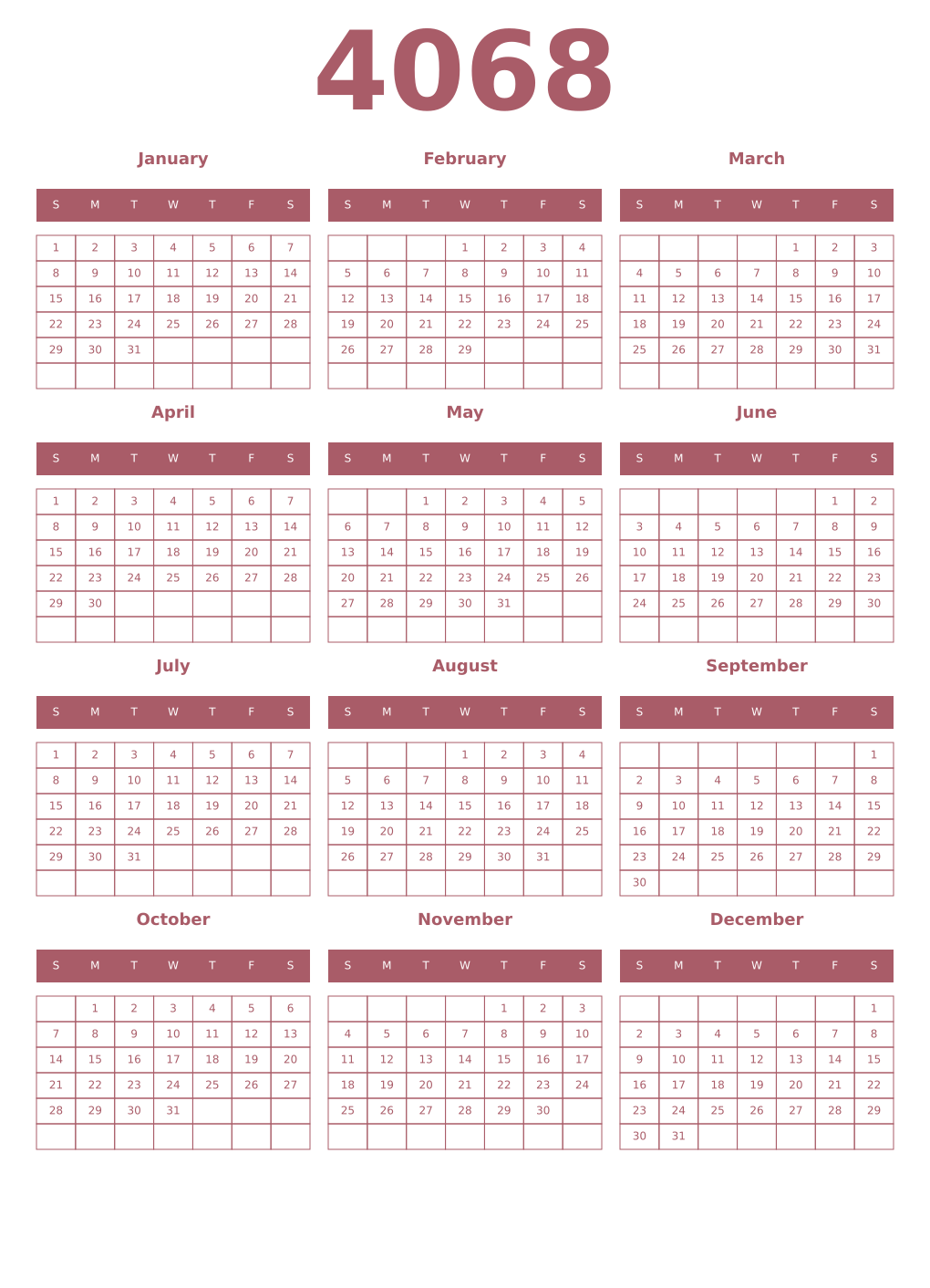 Printable 4068 Year Calendars puce