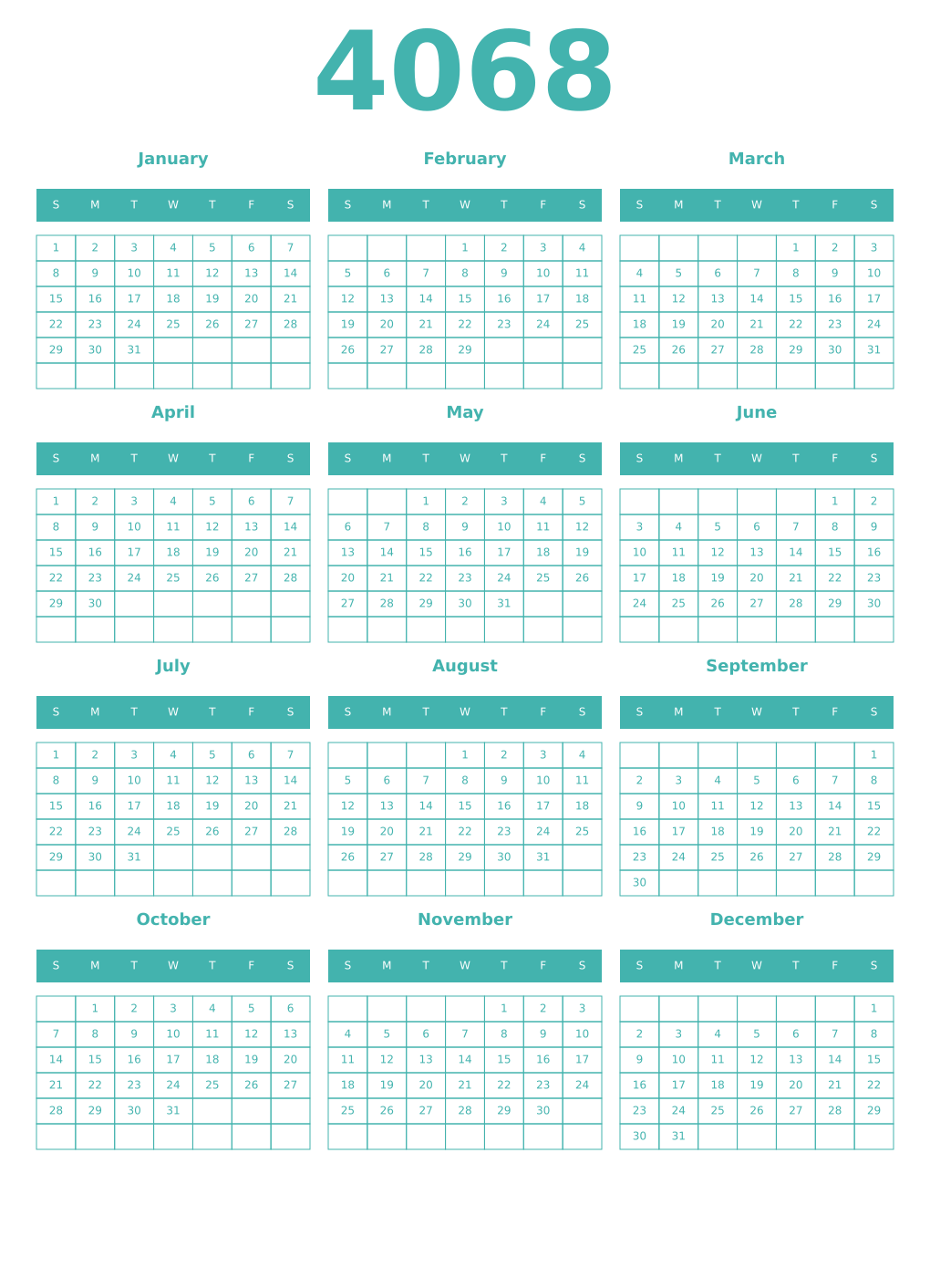 Printable 4068 Year Calendars verdigris