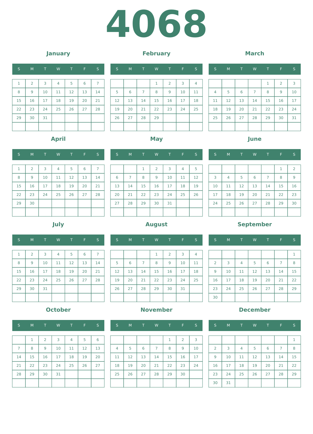 Printable 4068 Year Calendars viridian