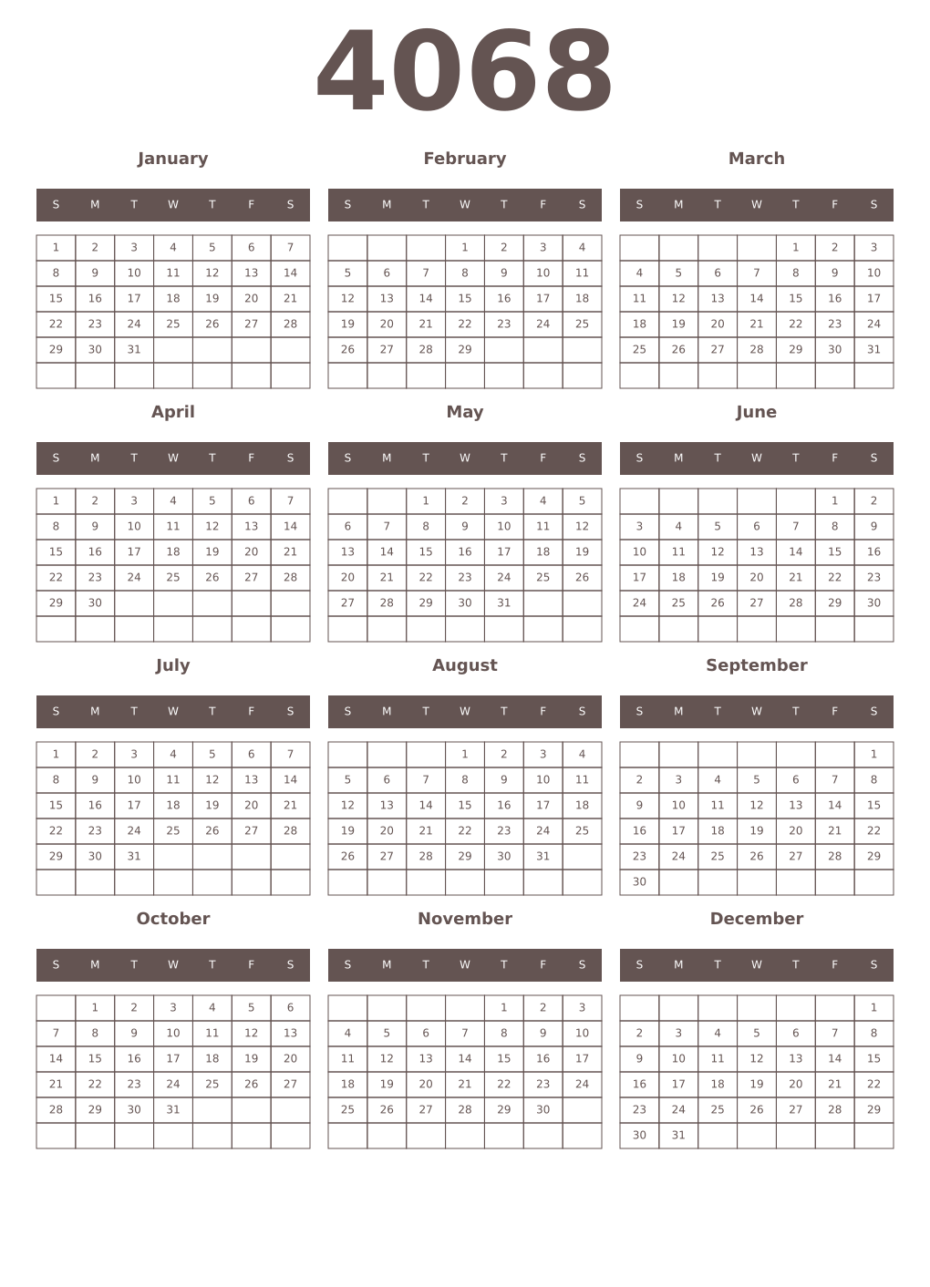Printable 4068 Year Calendars wenge