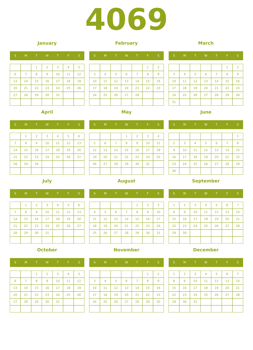 Printable 4069 Year Calendars chartreuse