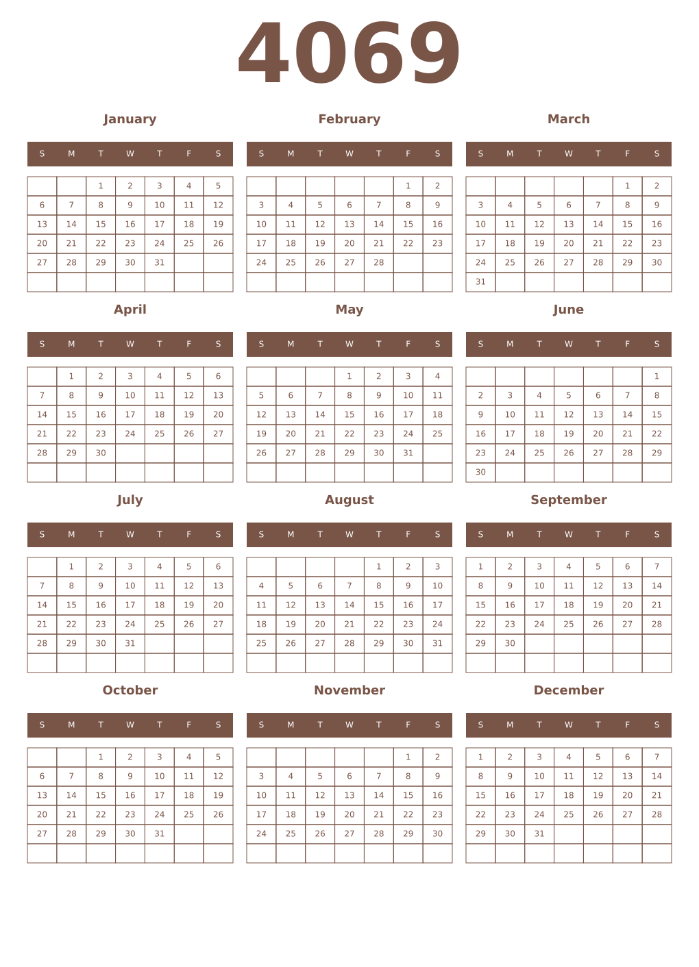 Printable 4069 Year Calendars coffe