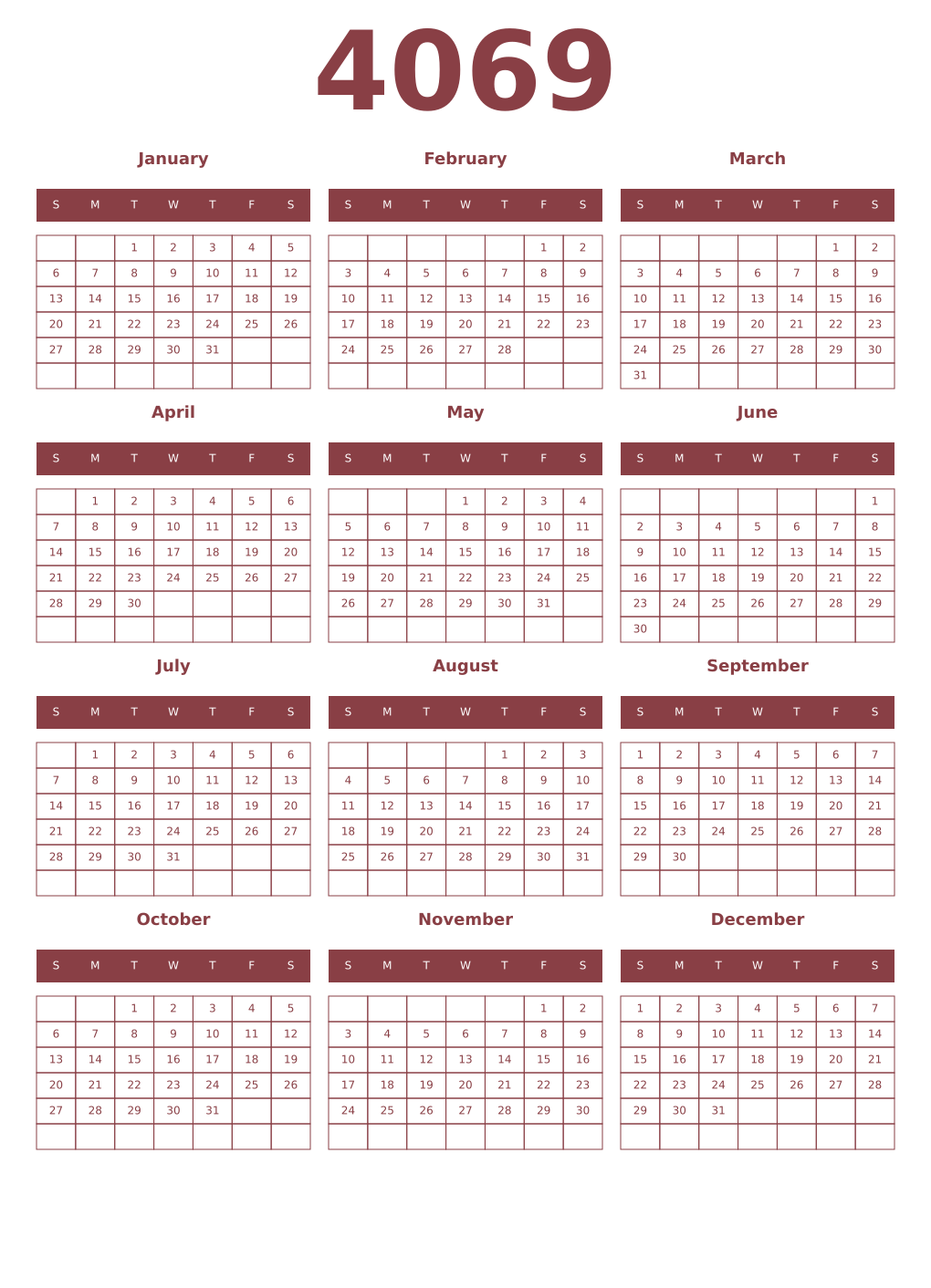 Printable 4069 Year Calendars cordovan