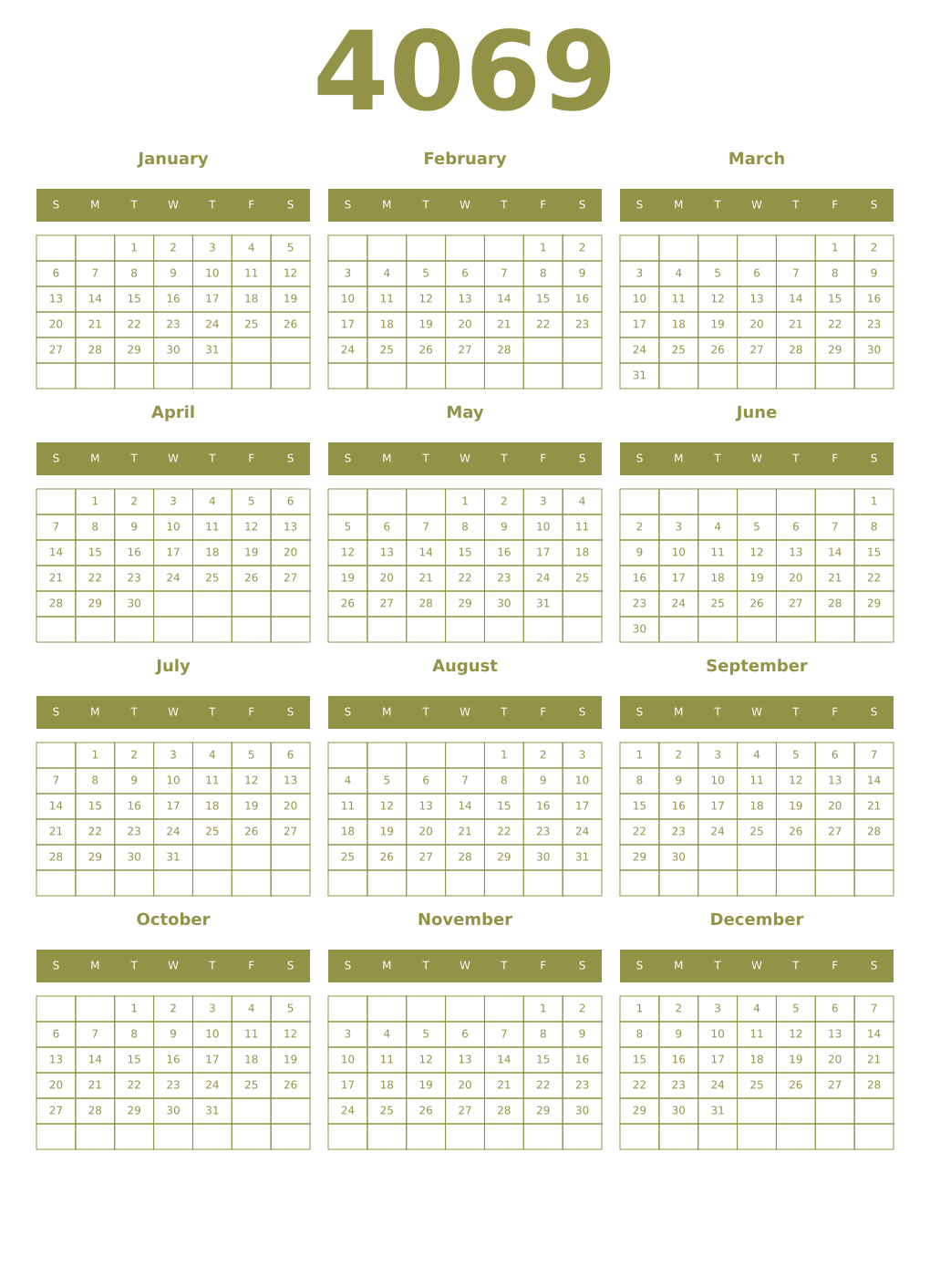 Printable 4069 Year Calendars eburnean