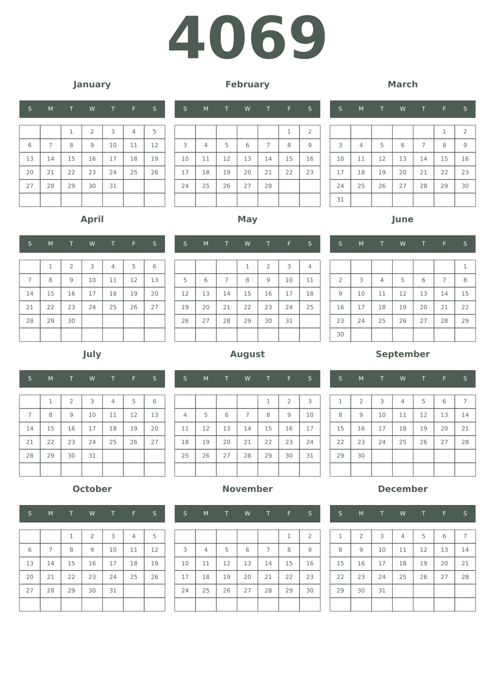 Printable 4069 Year Calendars feldgrau