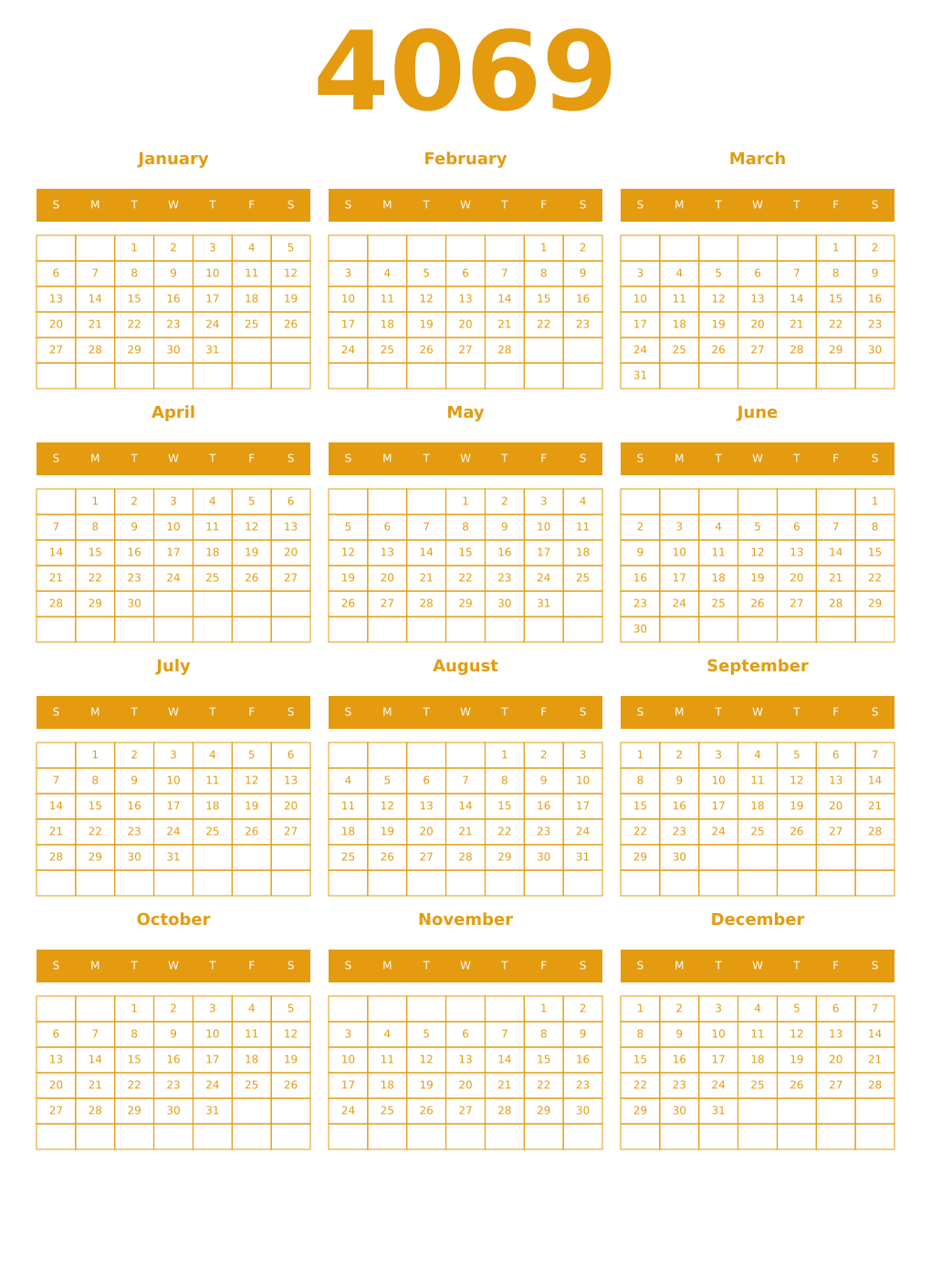 Printable 4069 Year Calendars gamboge