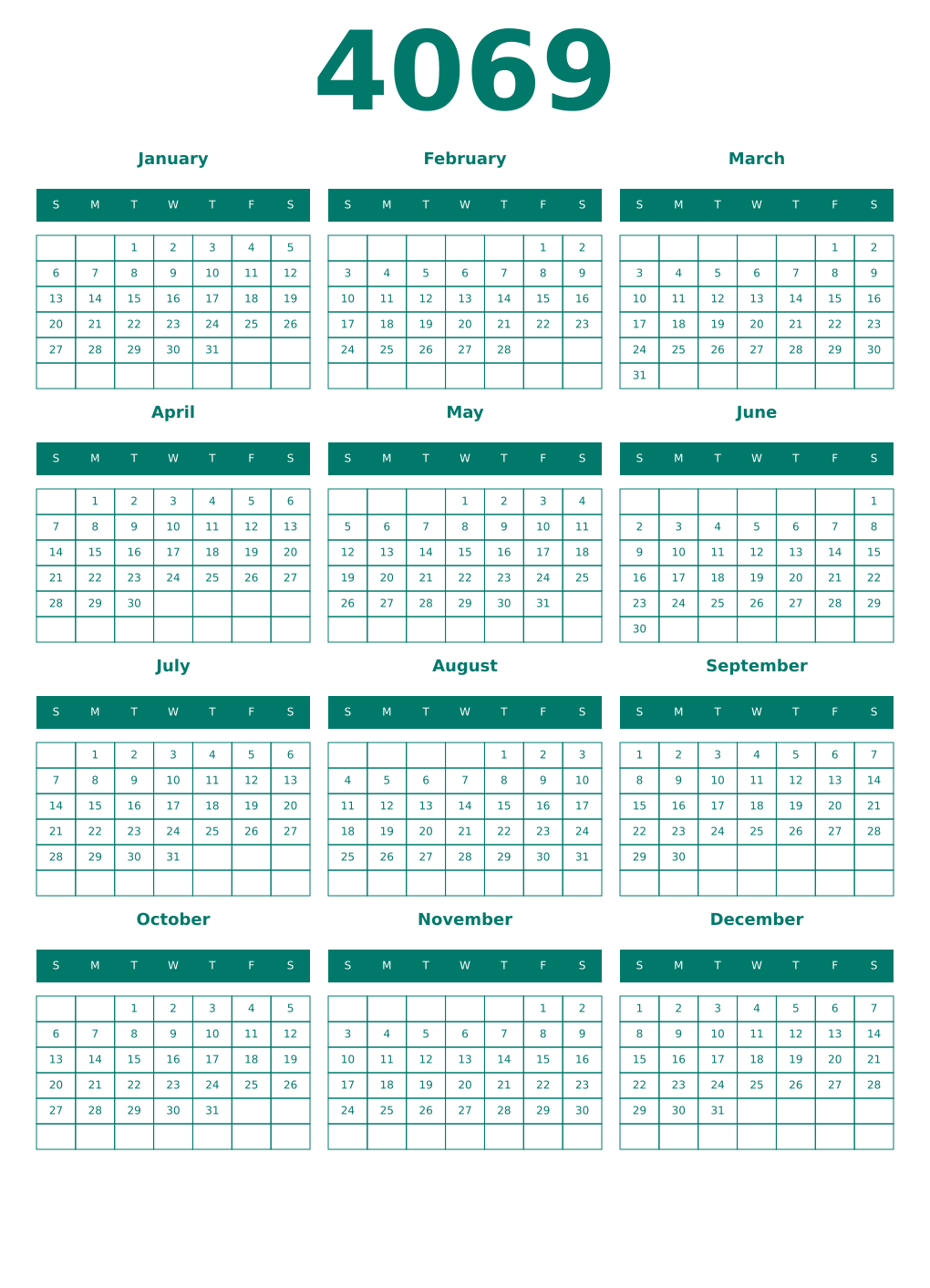 Printable 4069 Year Calendars pastel