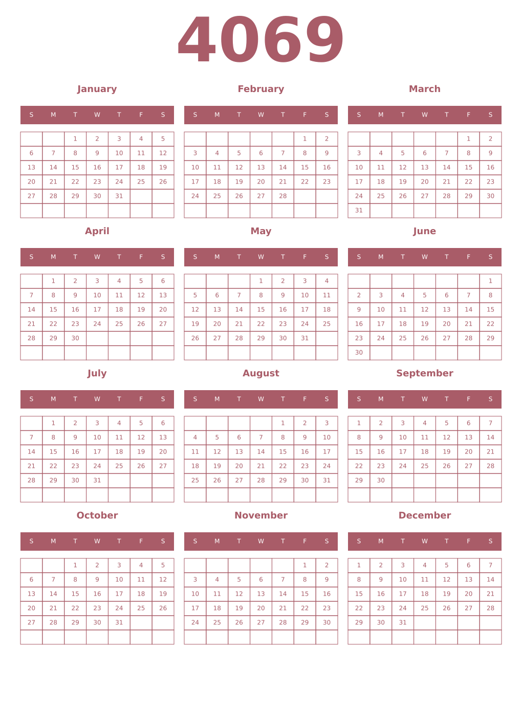 Printable 4069 Year Calendars puce