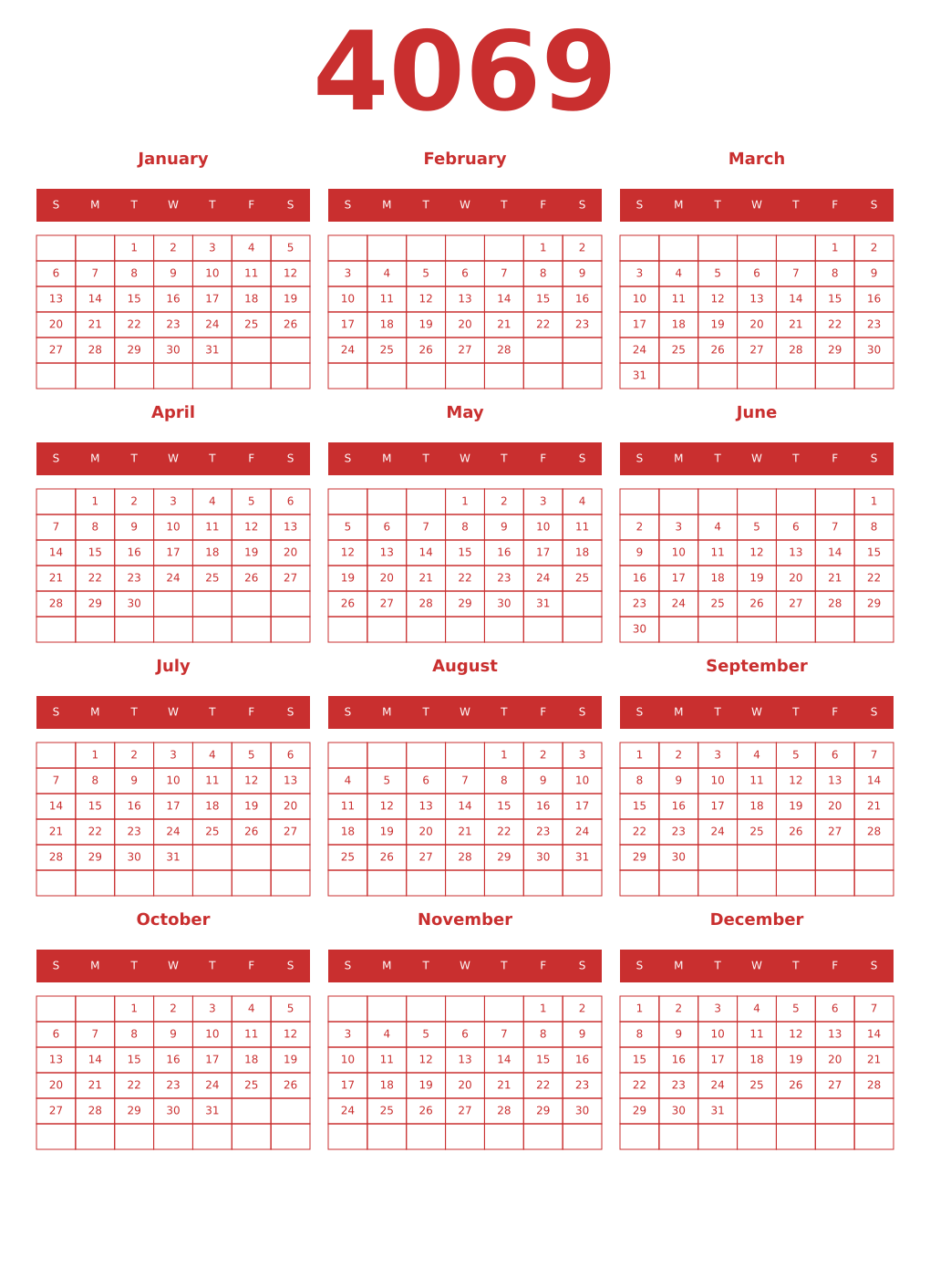 Printable 4069 Year Calendars red