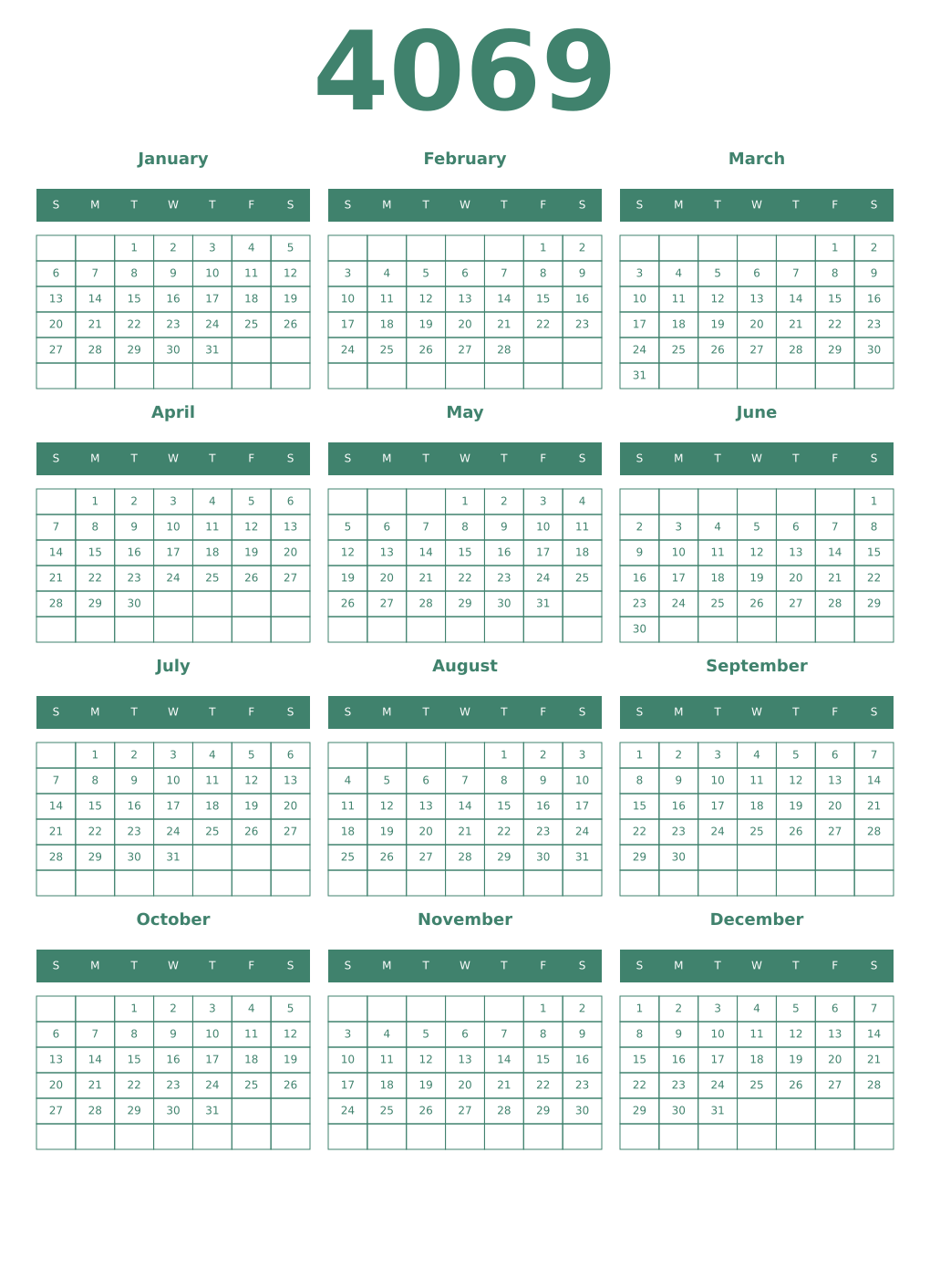 Printable 4069 Year Calendars viridian