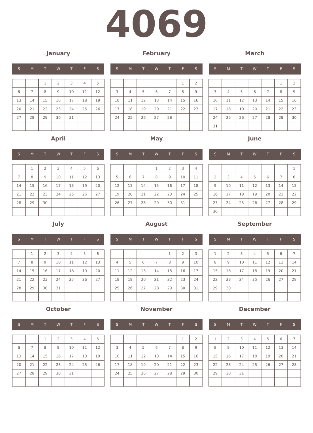Printable 4069 Year Calendars wenge