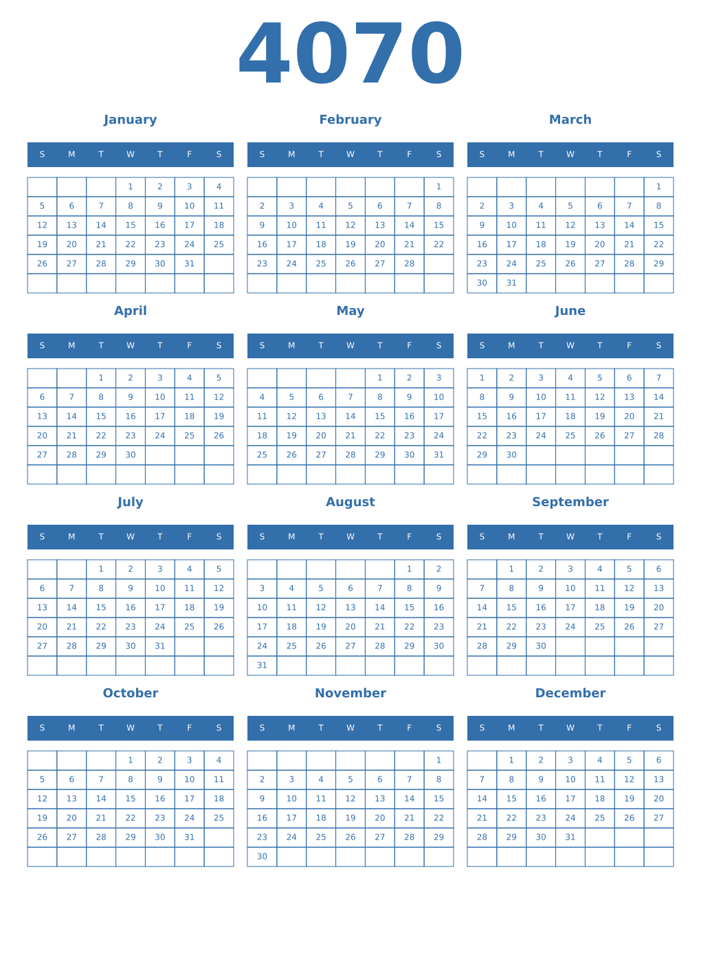 Printable 4070 Year Calendars blue