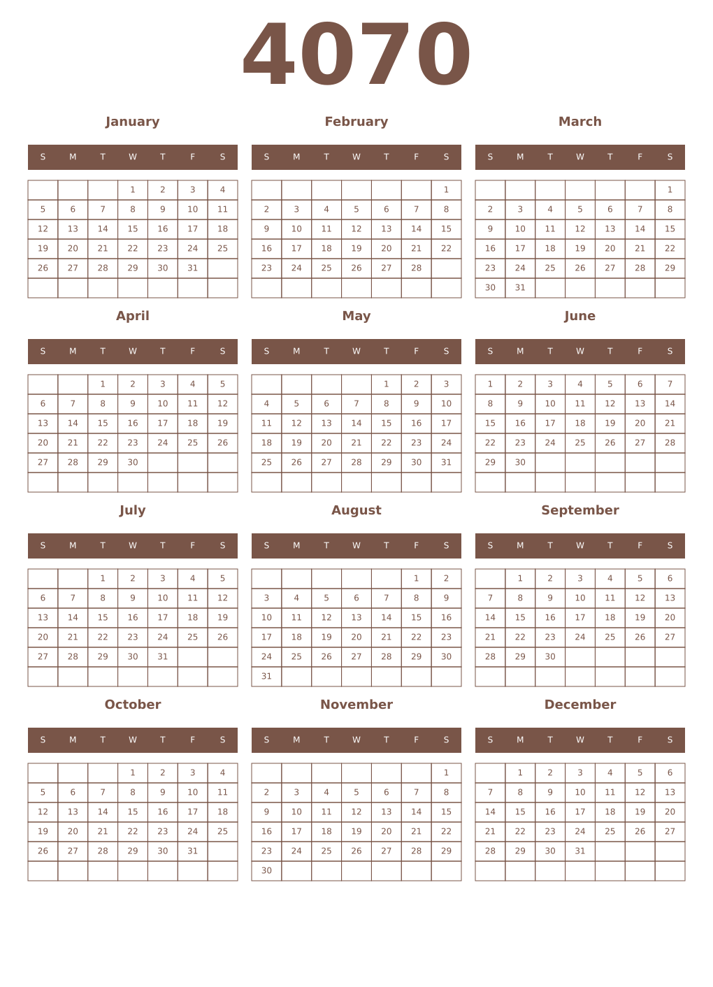Printable 4070 Year Calendars coffe