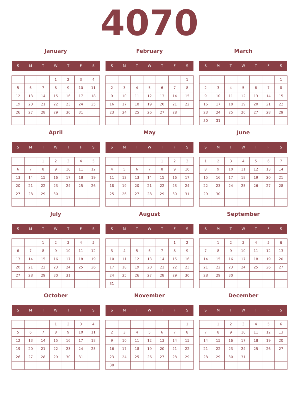 Printable 4070 Year Calendars cordovan