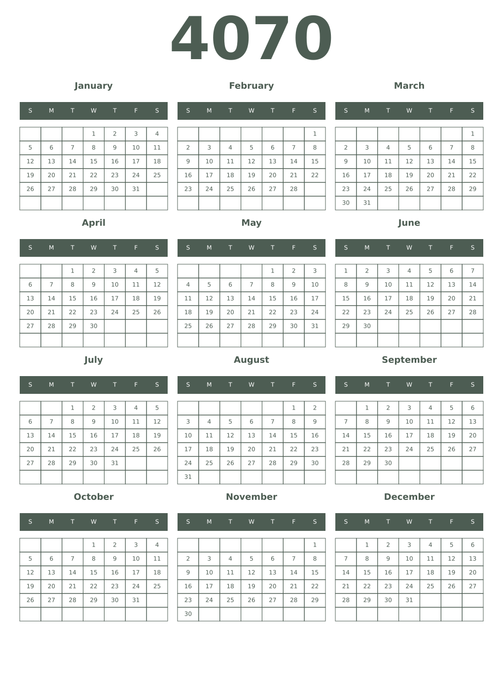 Printable 4070 Year Calendars feldgrau