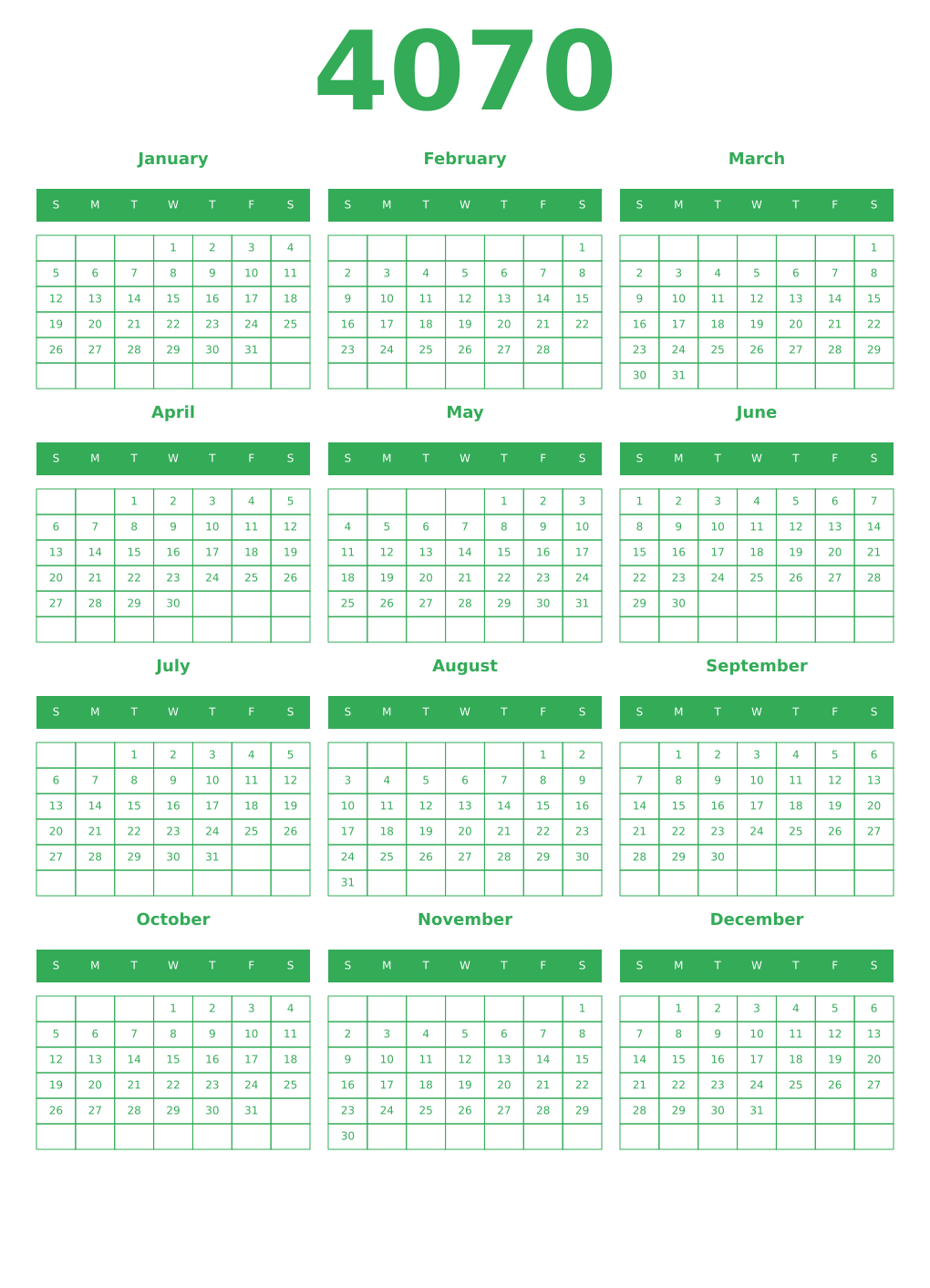 Printable 4070 Year Calendars green