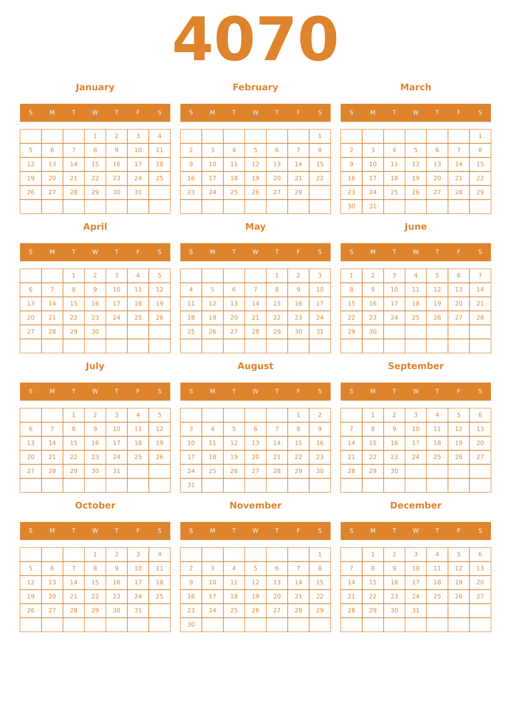 Printable 4070 Year Calendars orange