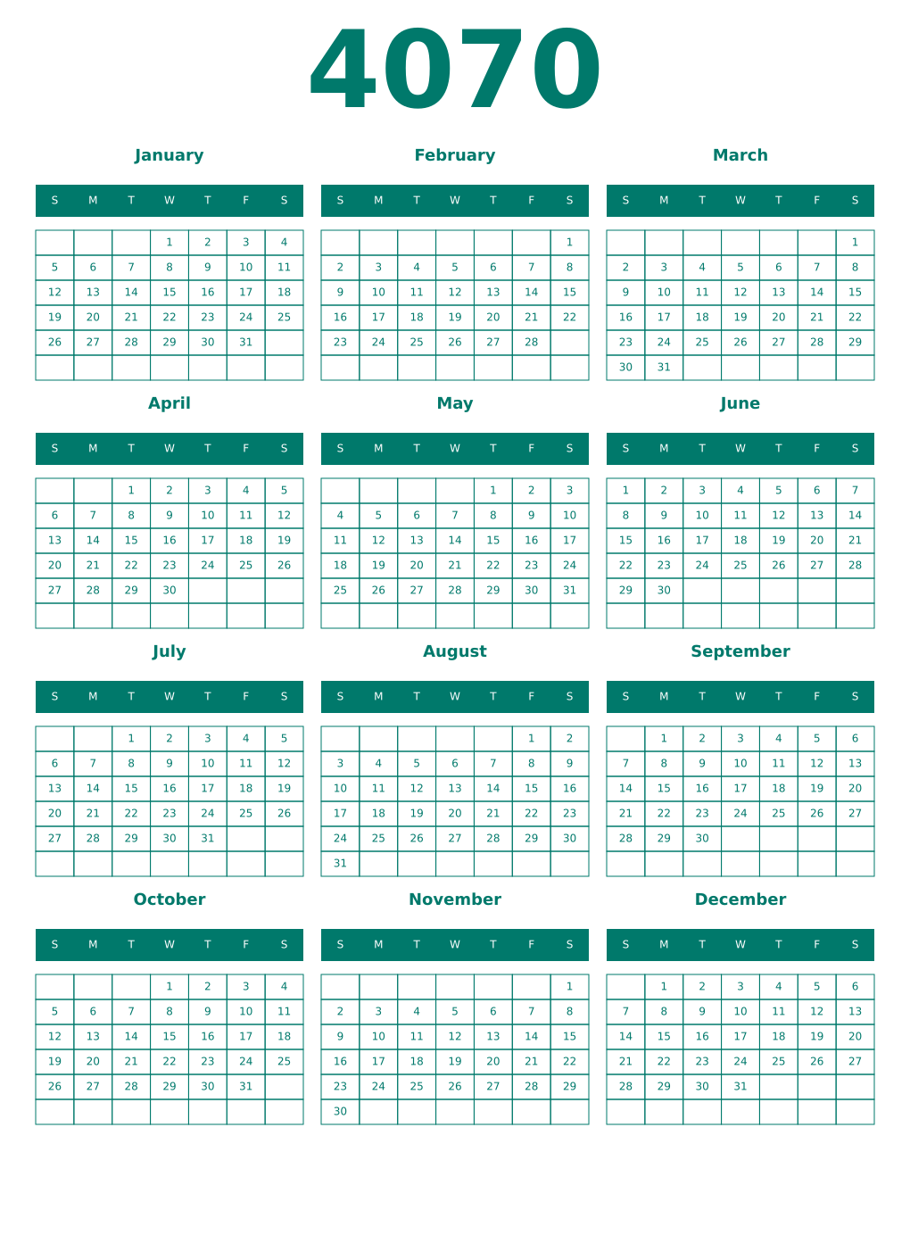 Printable 4070 Year Calendars pastel