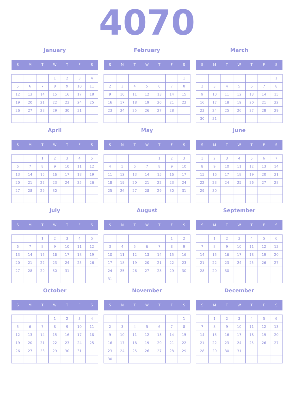 Printable 4070 Year Calendars periwinkle