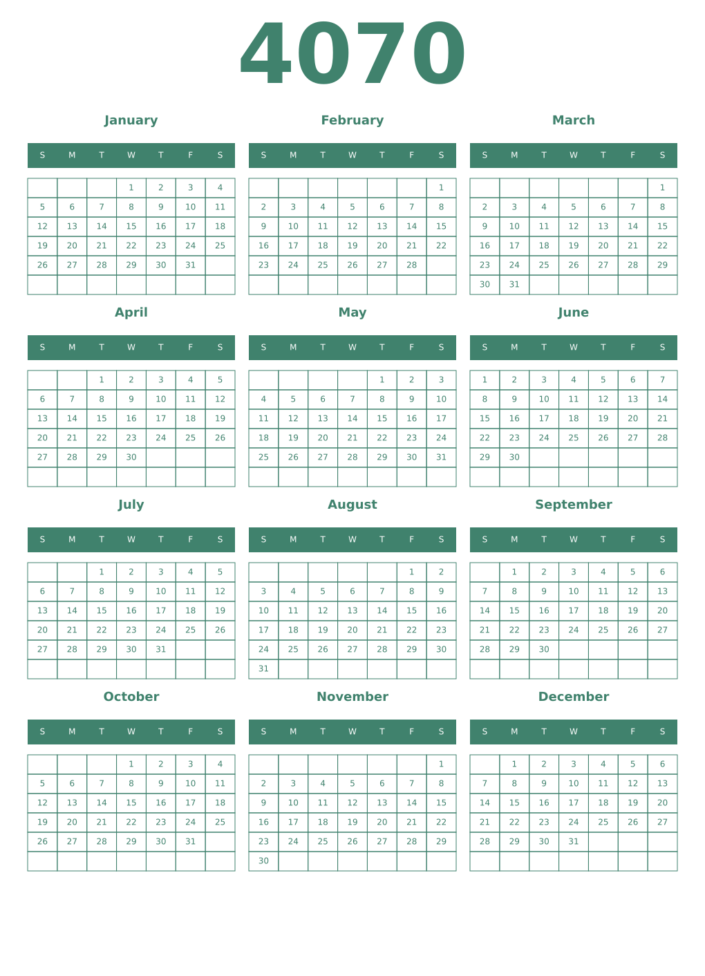 Printable 4070 Year Calendars viridian
