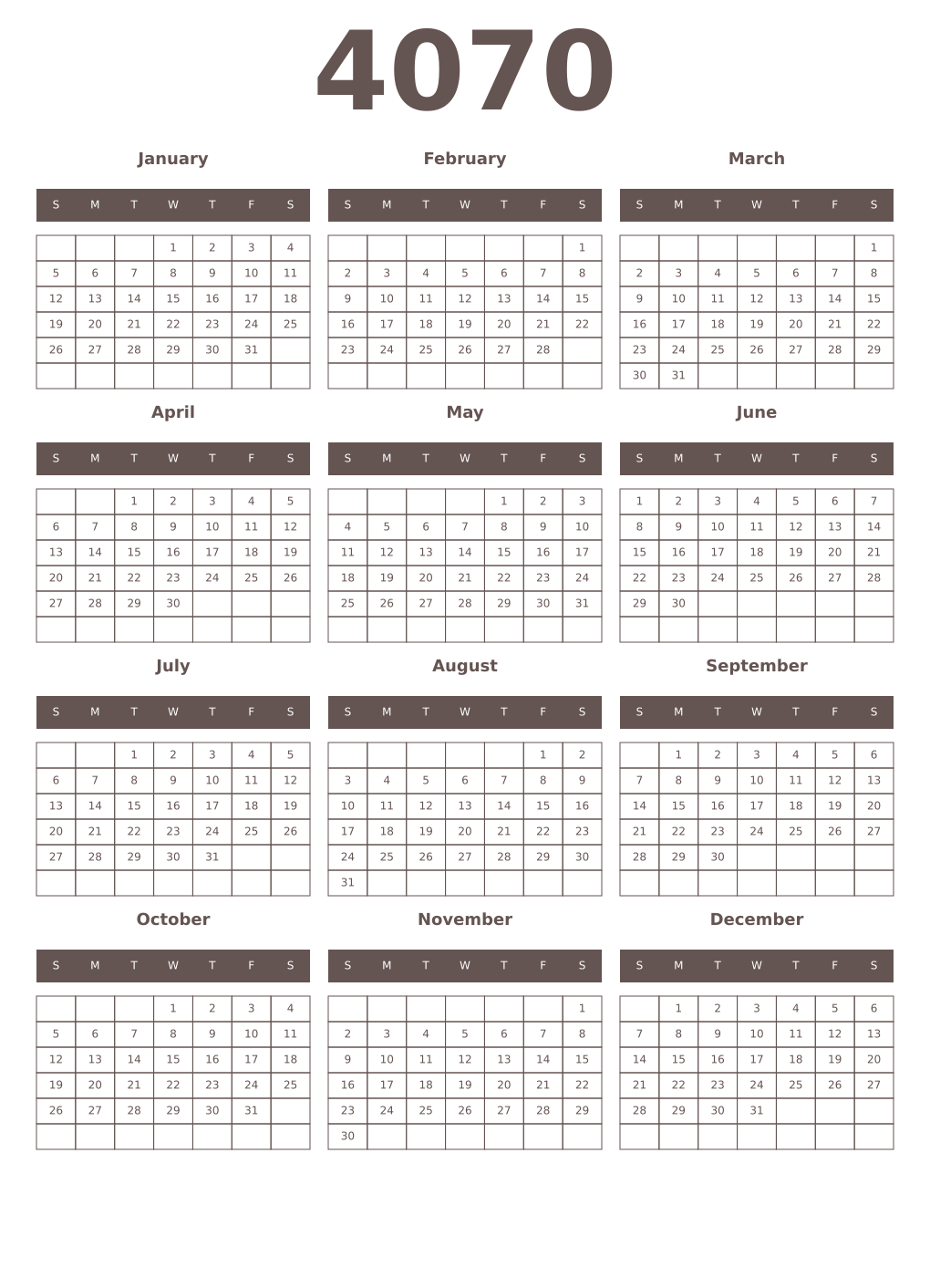 Printable 4070 Year Calendars wenge