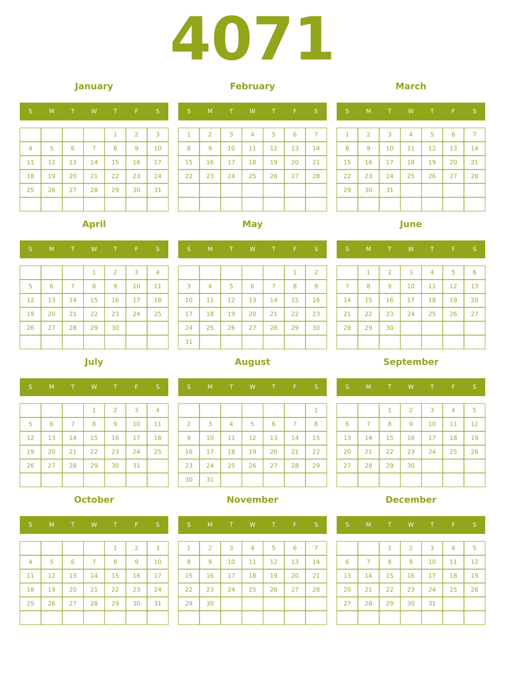 Printable 4071 Year Calendars chartreuse