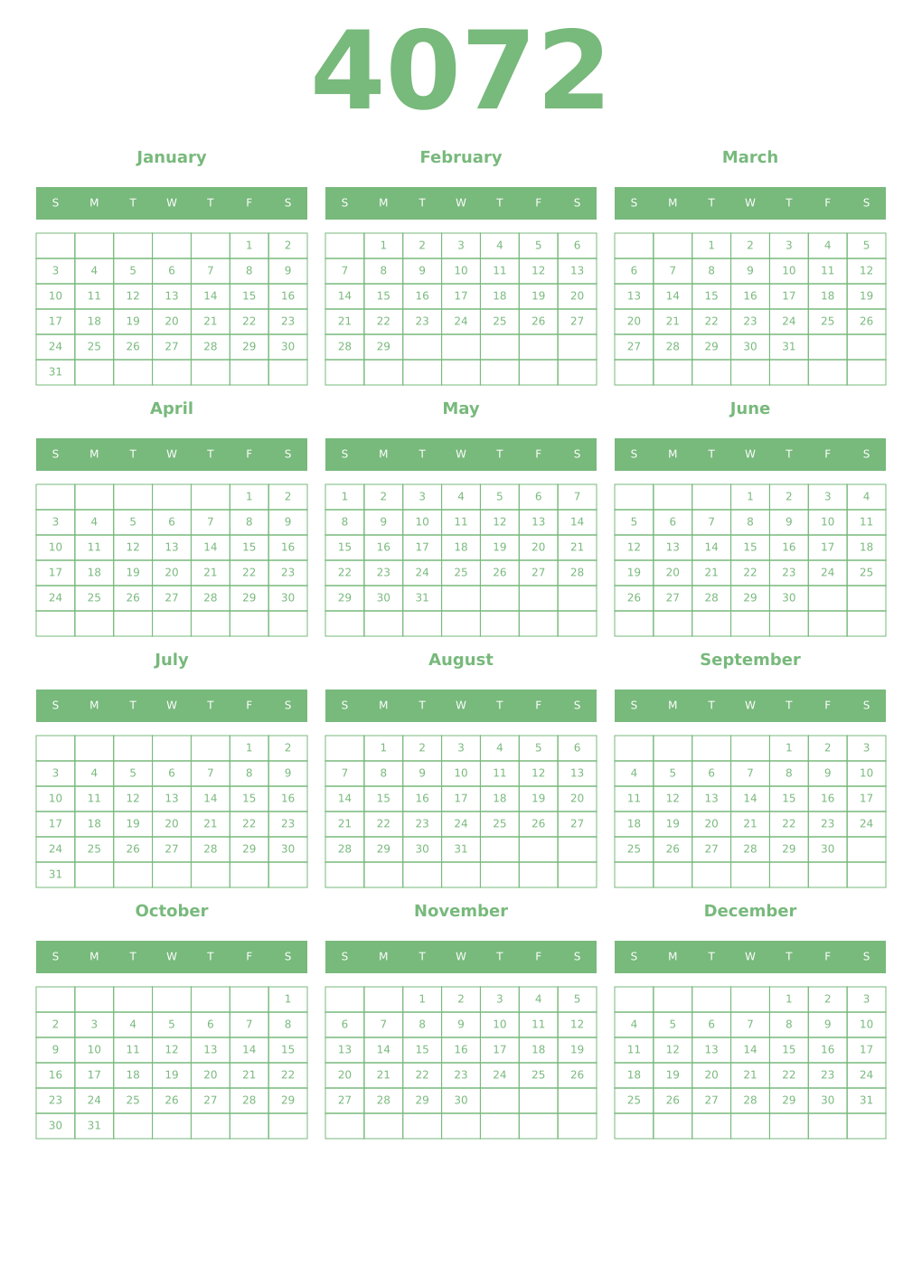 Printable 4072 Year Calendars celadon