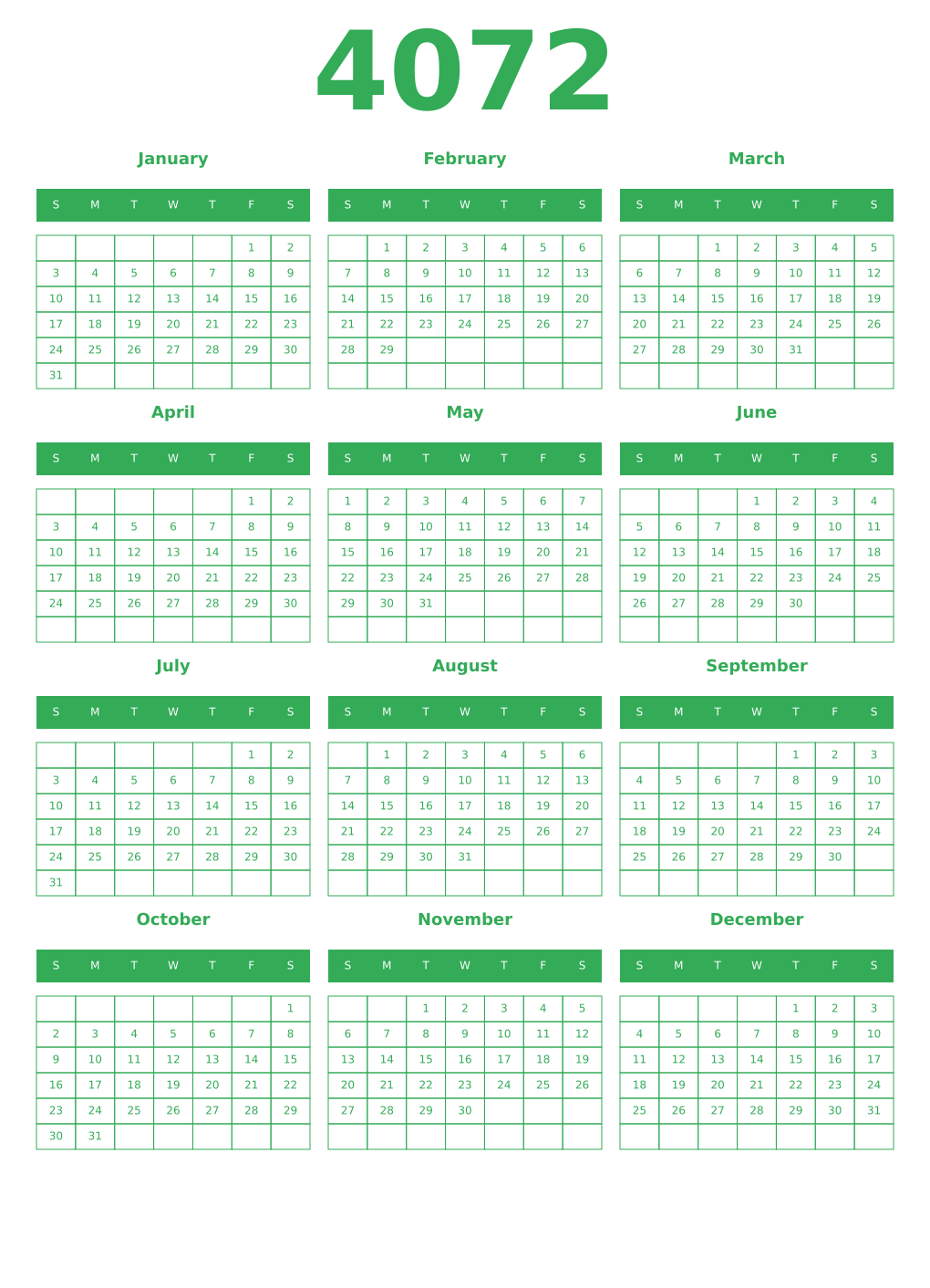 Printable 4072 Year Calendars green
