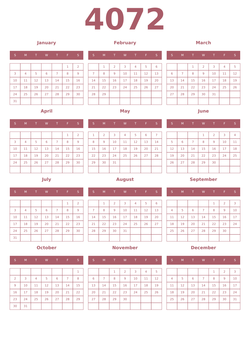 Printable 4072 Year Calendars puce