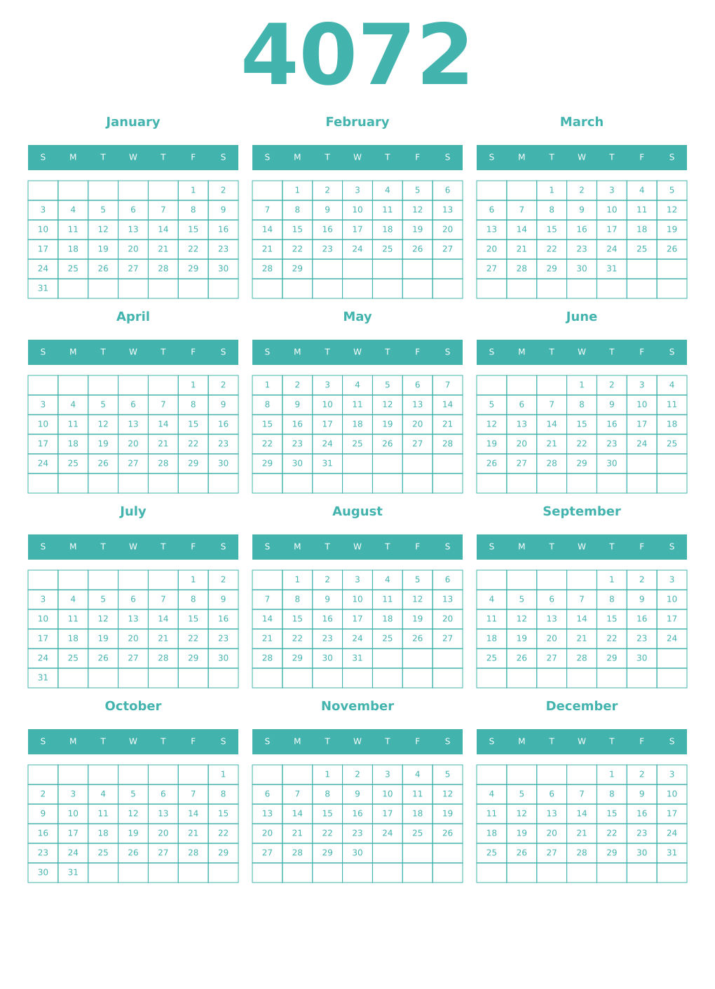 Printable 4072 Year Calendars verdigris