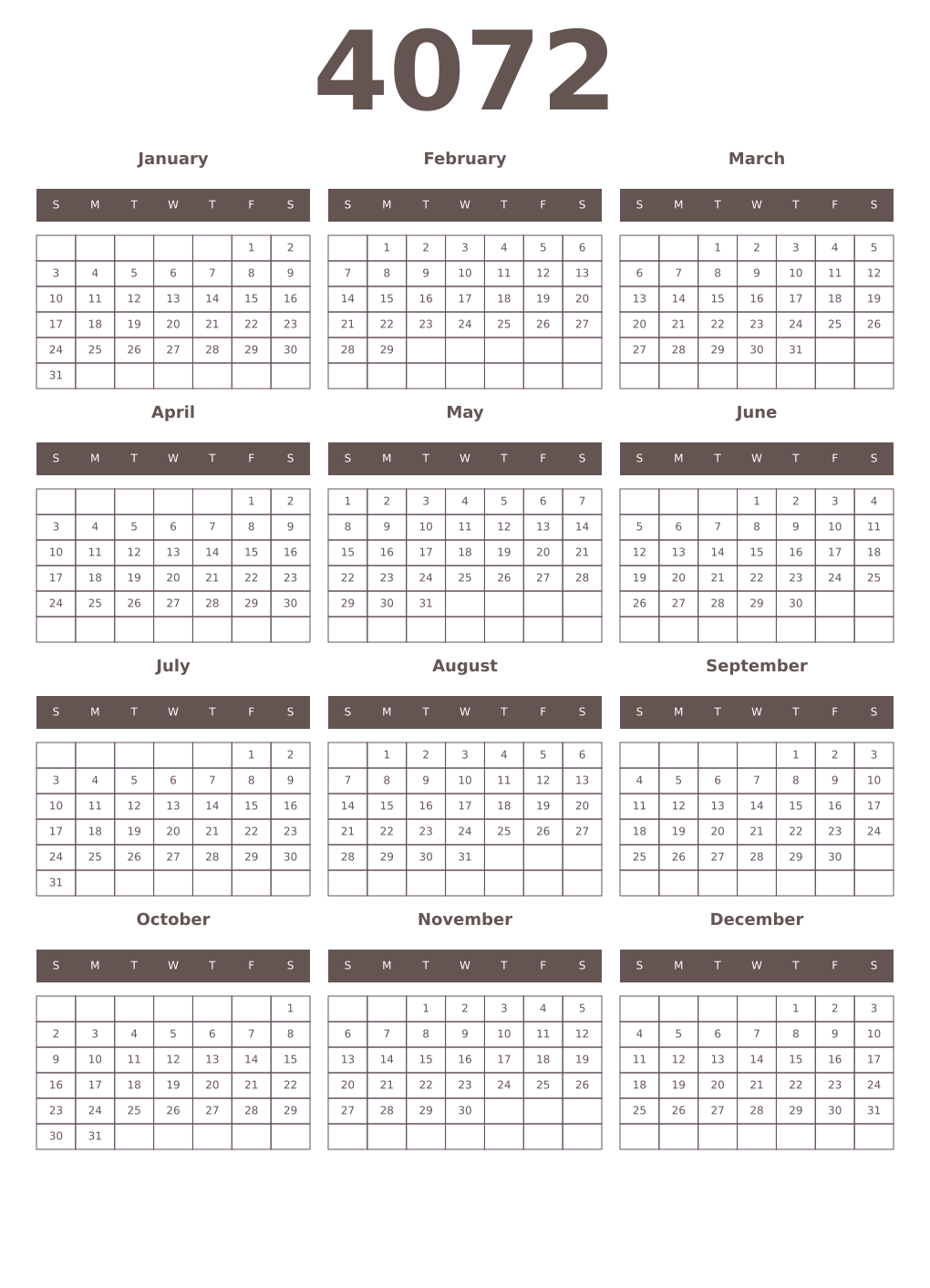 Printable 4072 Year Calendars wenge