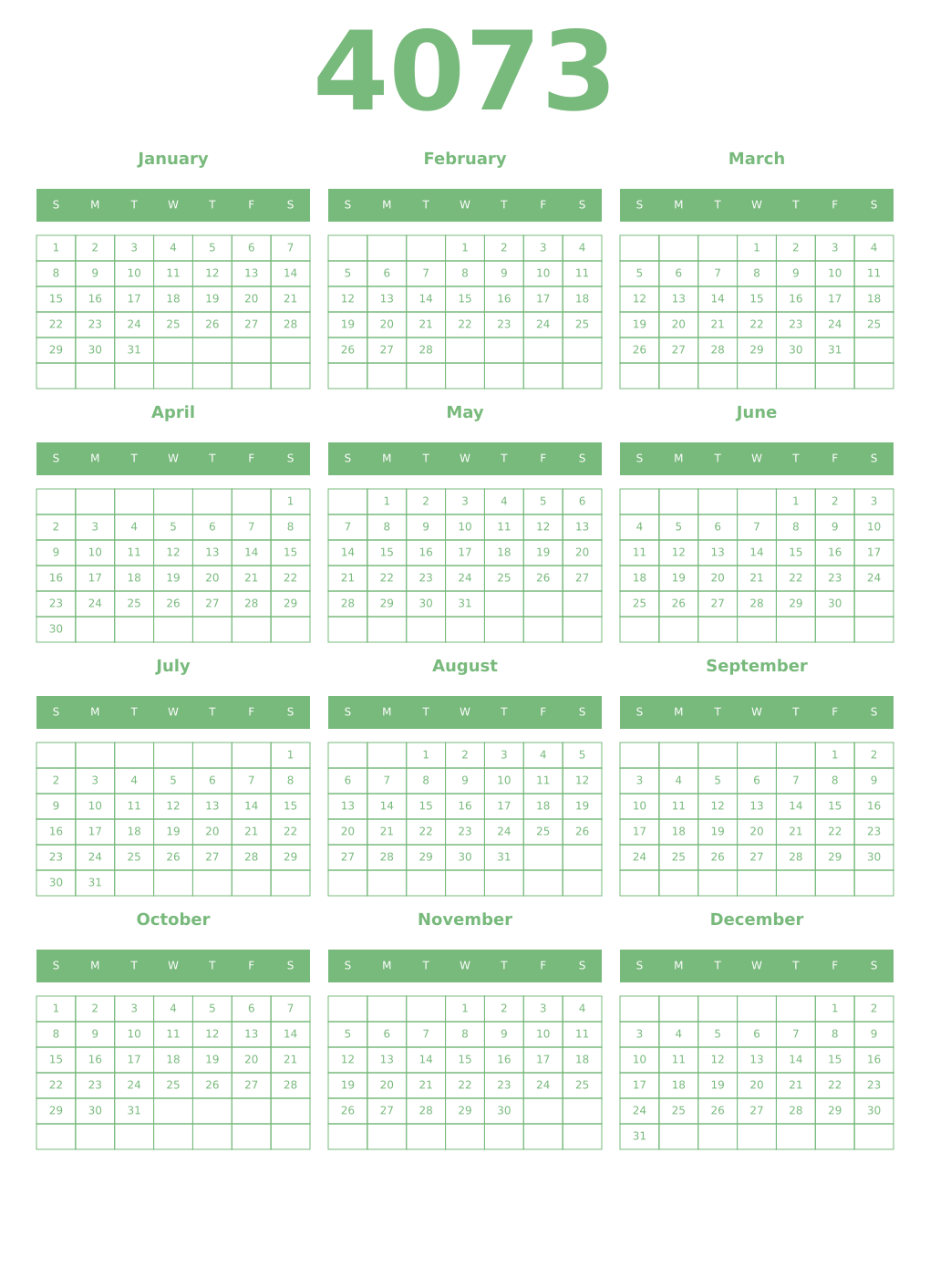 Printable 4073 Year Calendars celadon