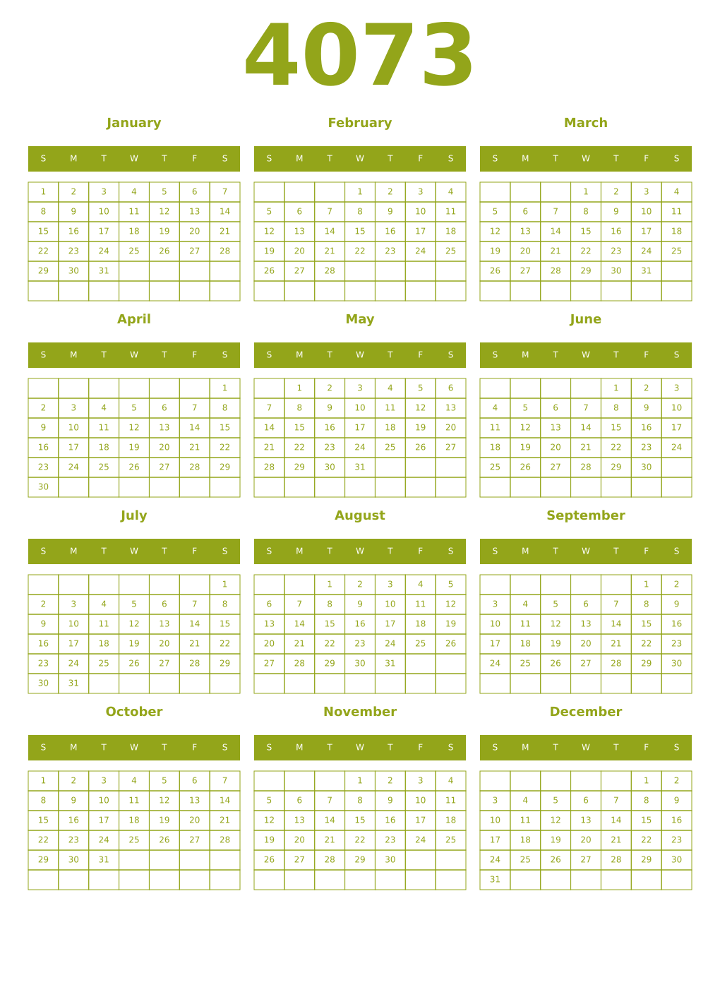 Printable 4073 Year Calendars chartreuse