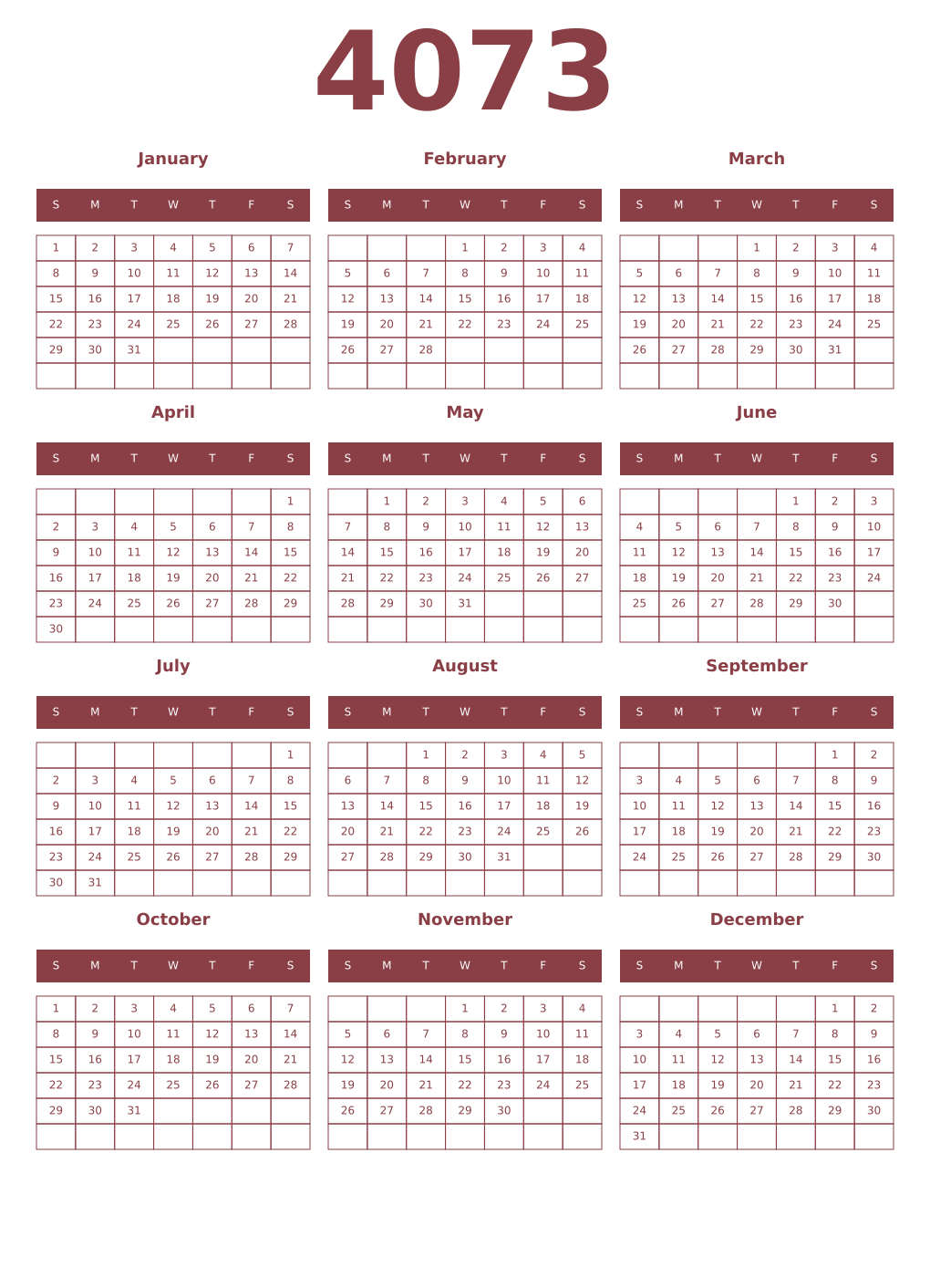 Printable 4073 Year Calendars cordovan