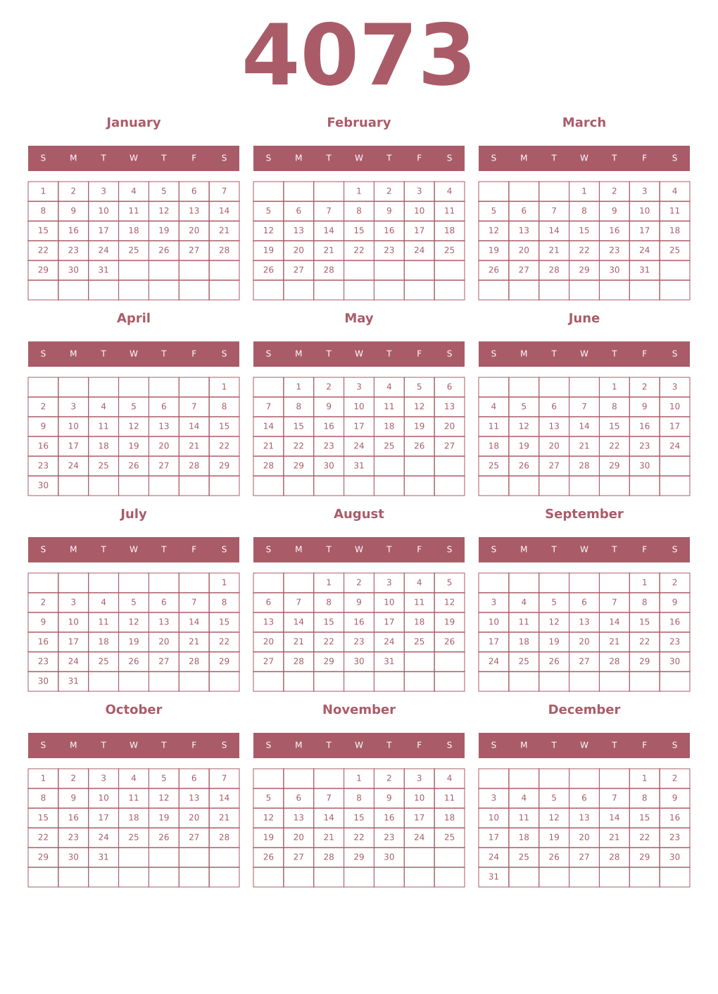 Printable 4073 Year Calendars puce