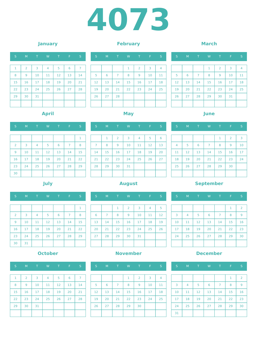 Printable 4073 Year Calendars verdigris